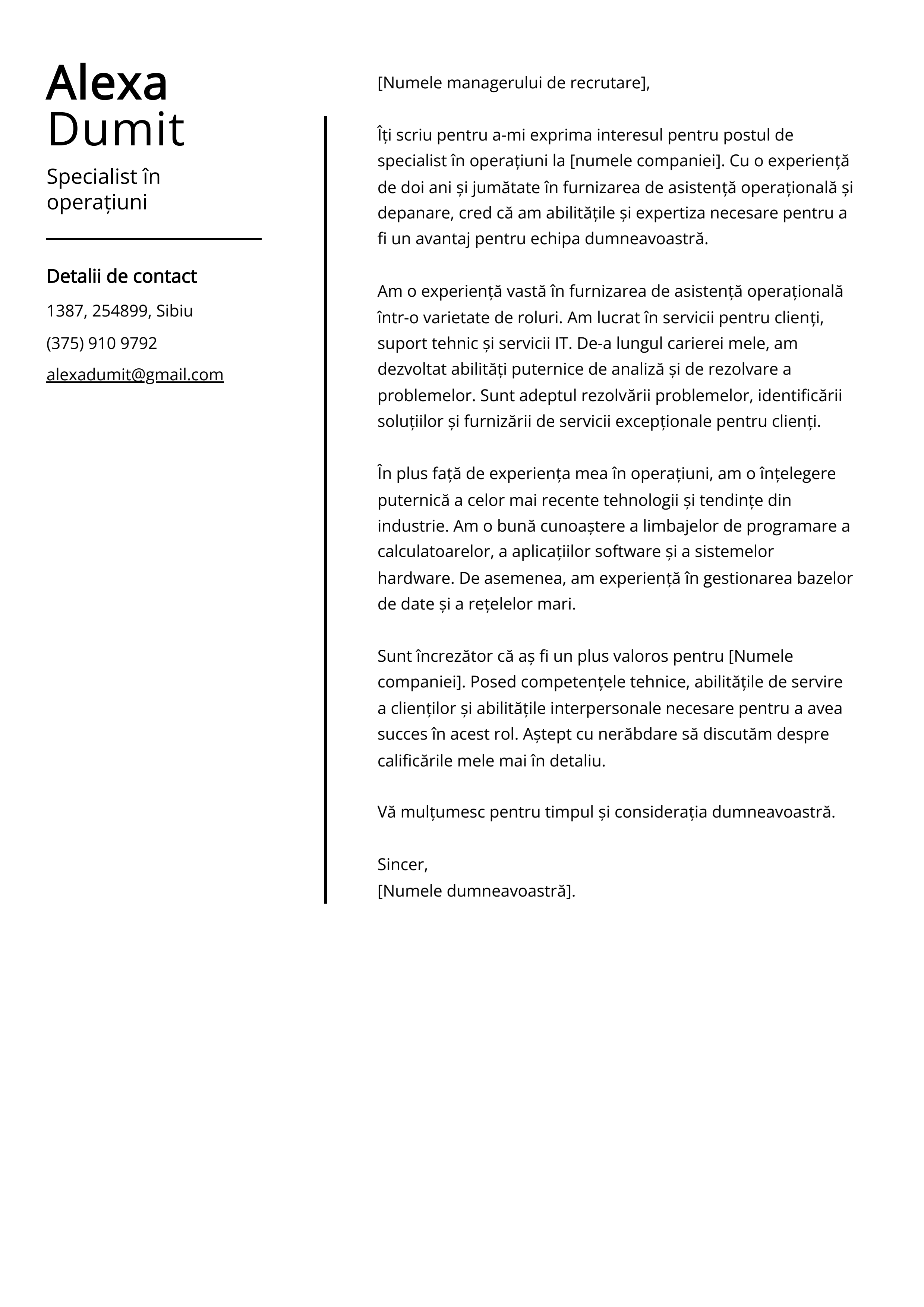 Specialist în operațiuni Cover Letter Example