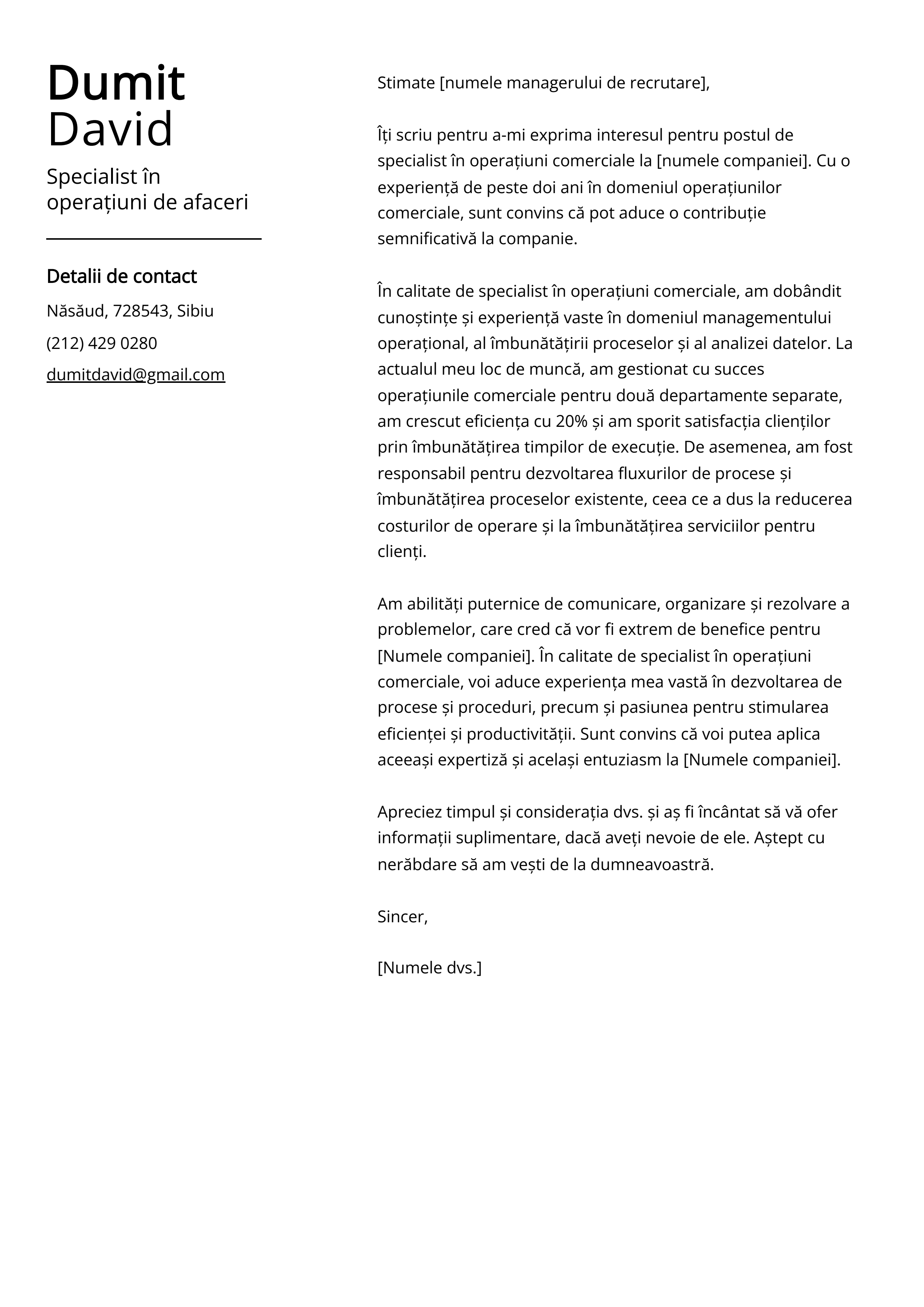 Specialist în operațiuni de afaceri Cover Letter Example