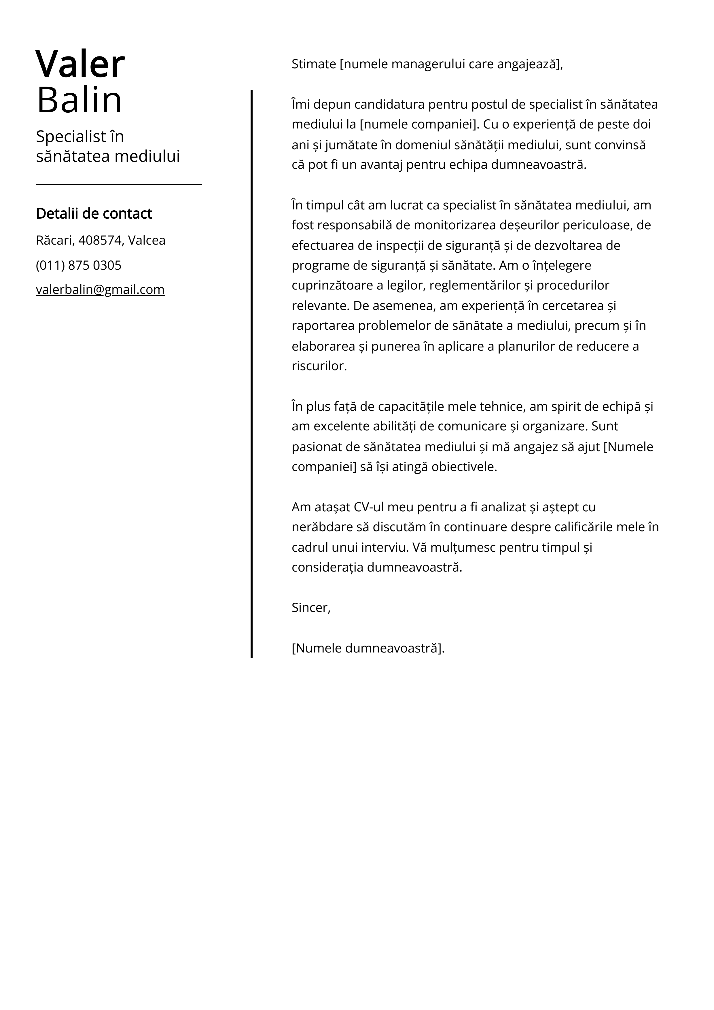 Specialist în sănătatea mediului Cover Letter Example