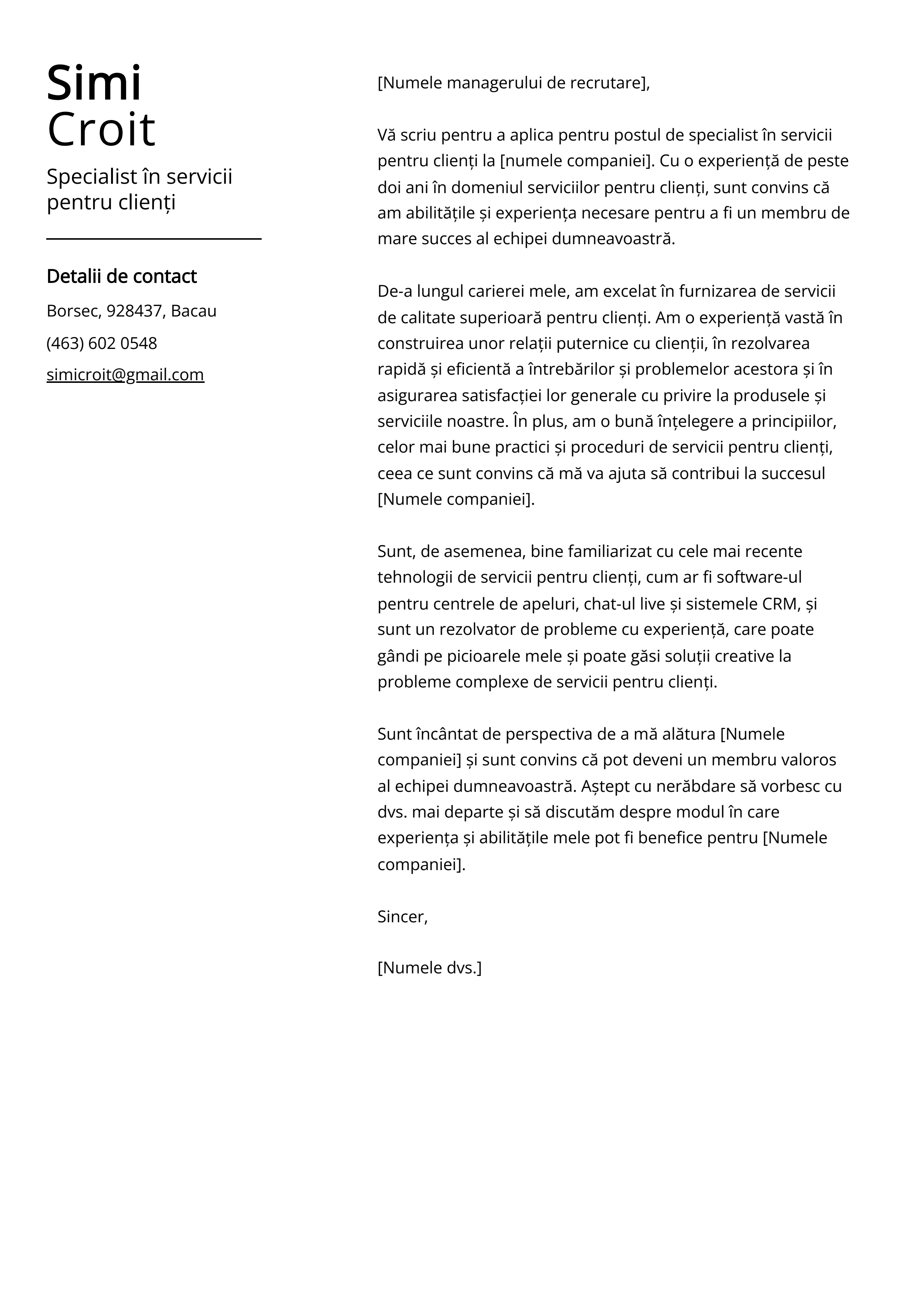 Specialist în servicii pentru clienți Cover Letter Example