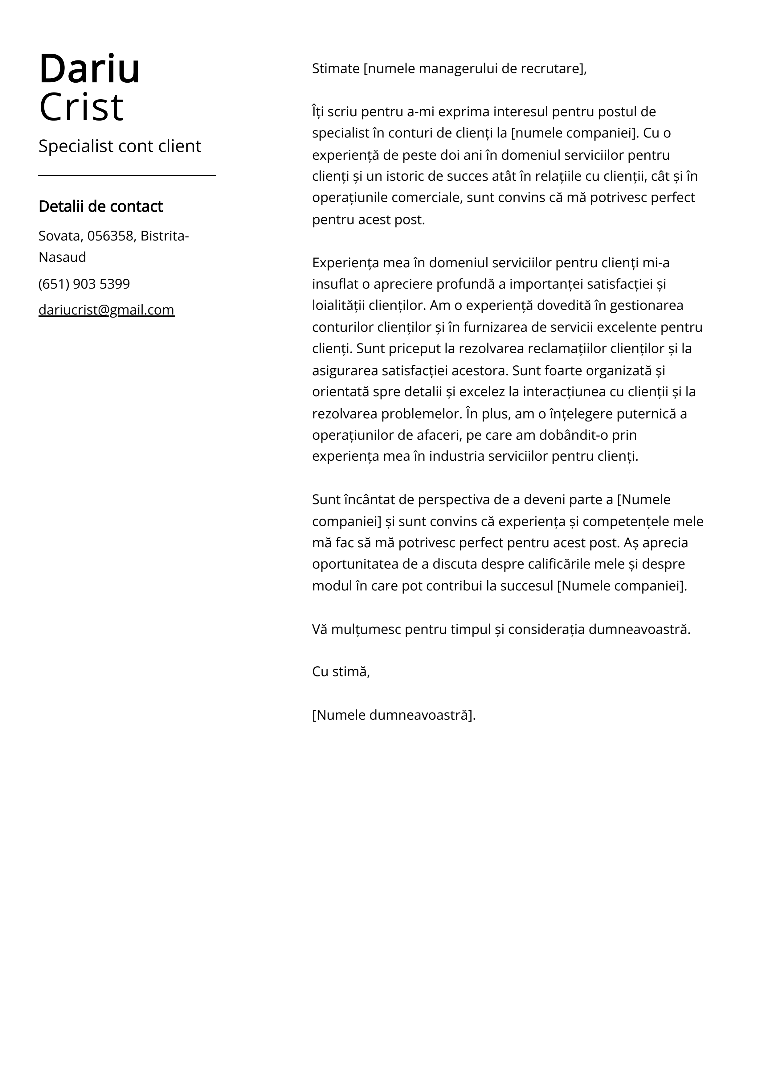 Specialist cont client Cover Letter Exemplu