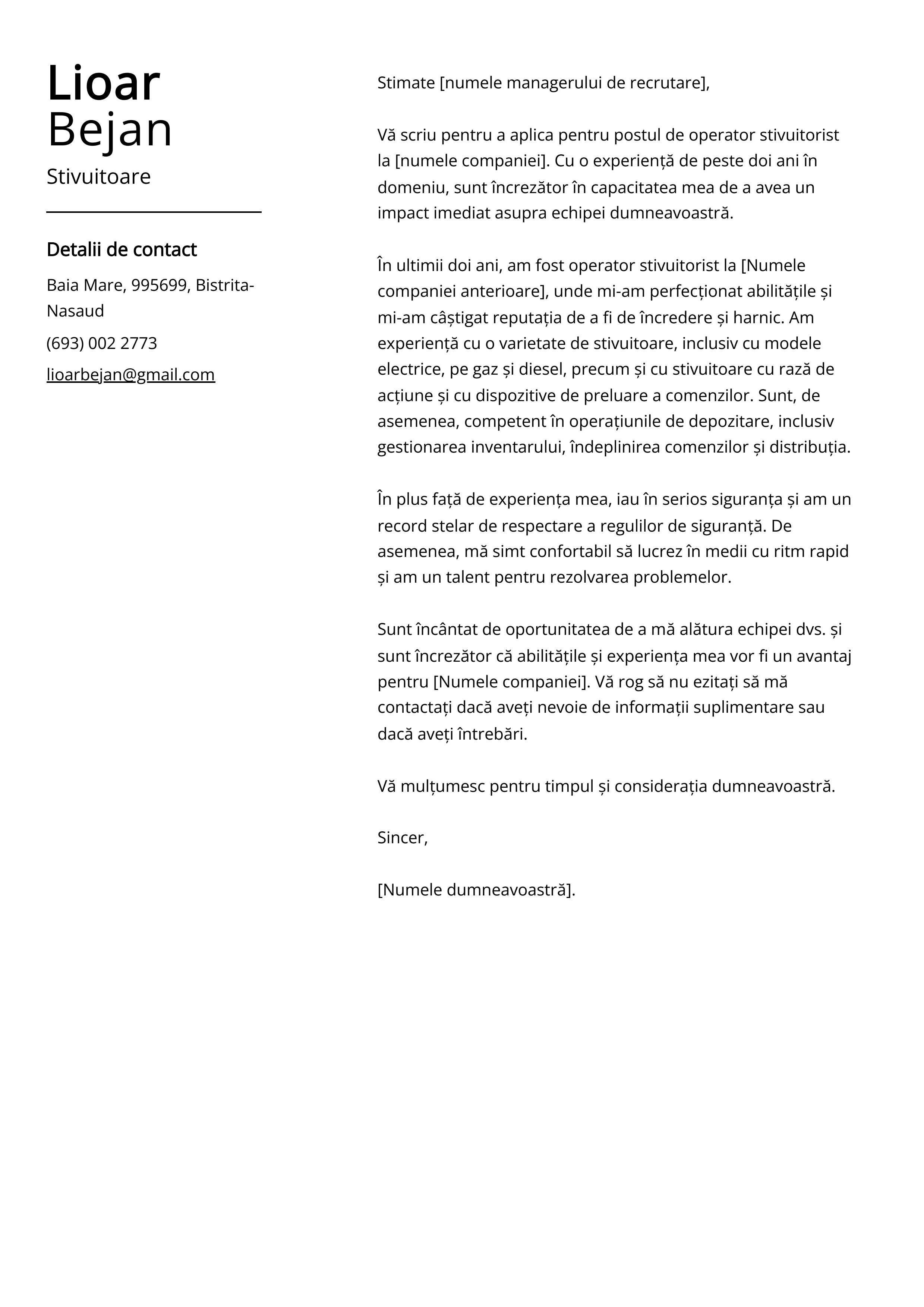 Stivuitoare Cover Letter Exemplu