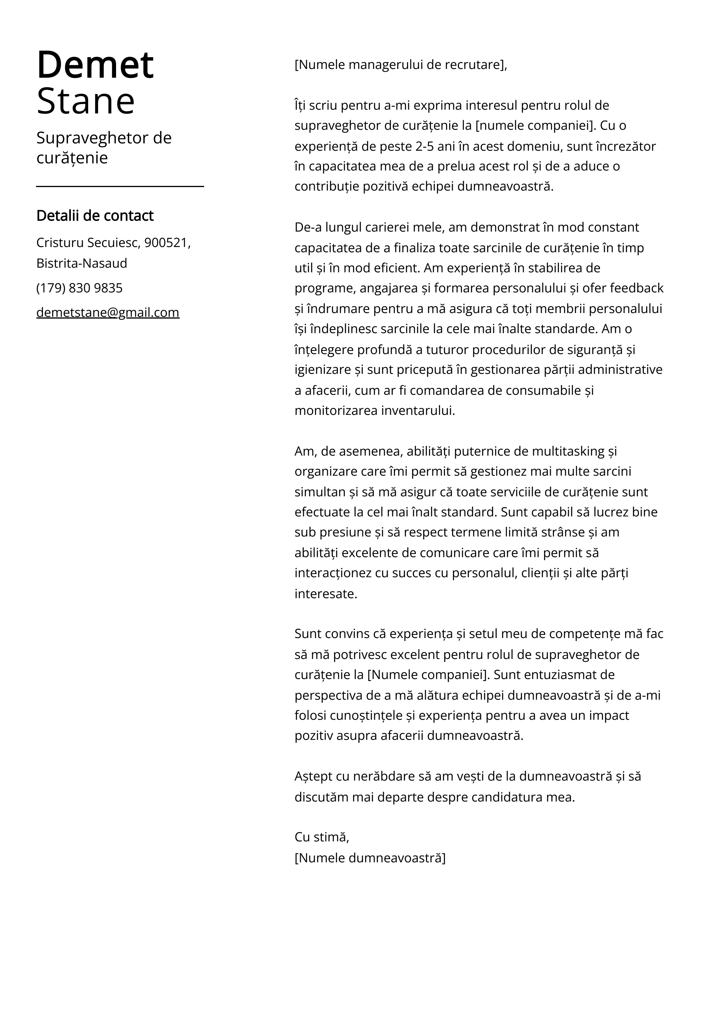 Supraveghetor de curățenie Cover Letter Example