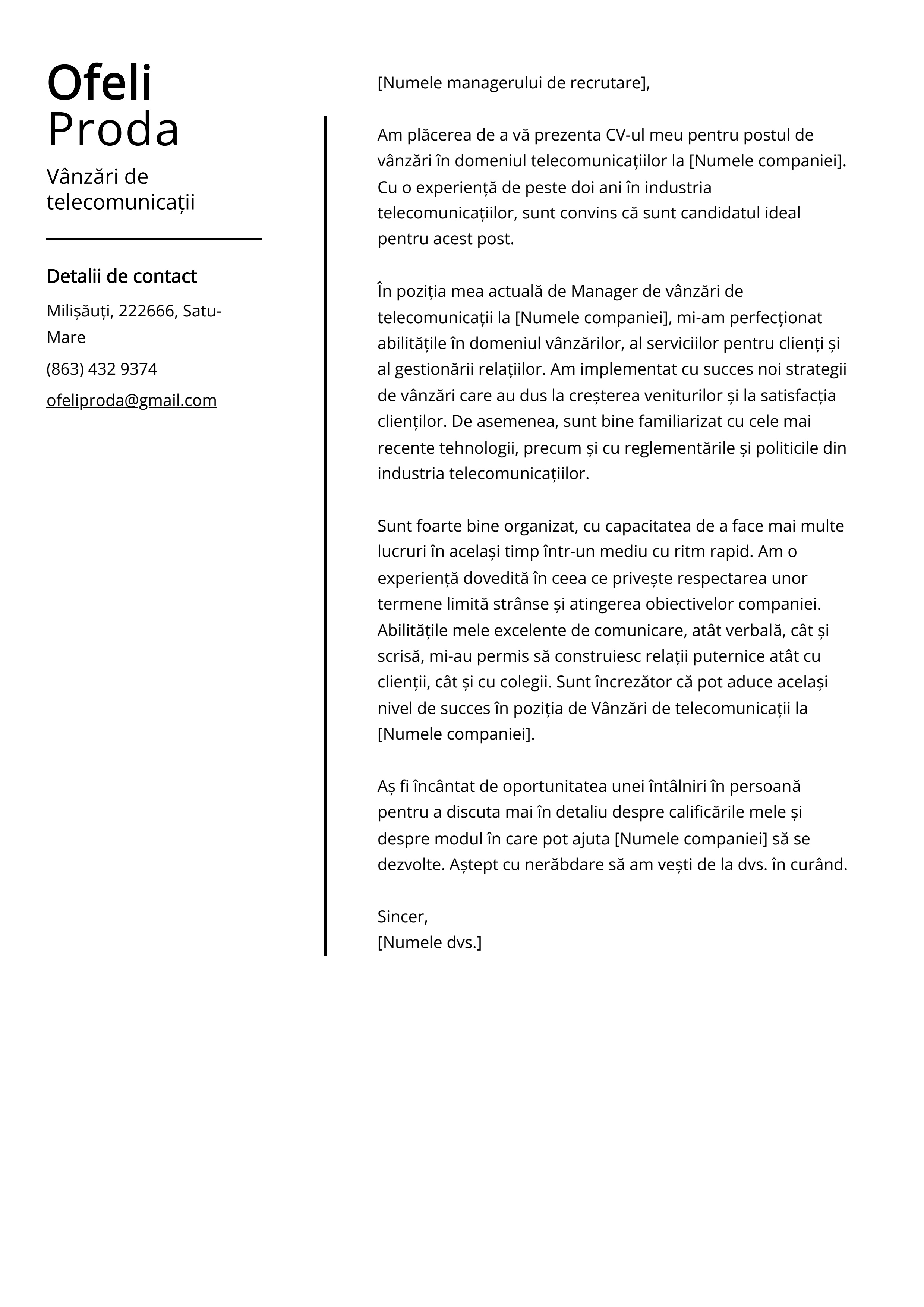 Vânzări de telecomunicații Cover Letter Example