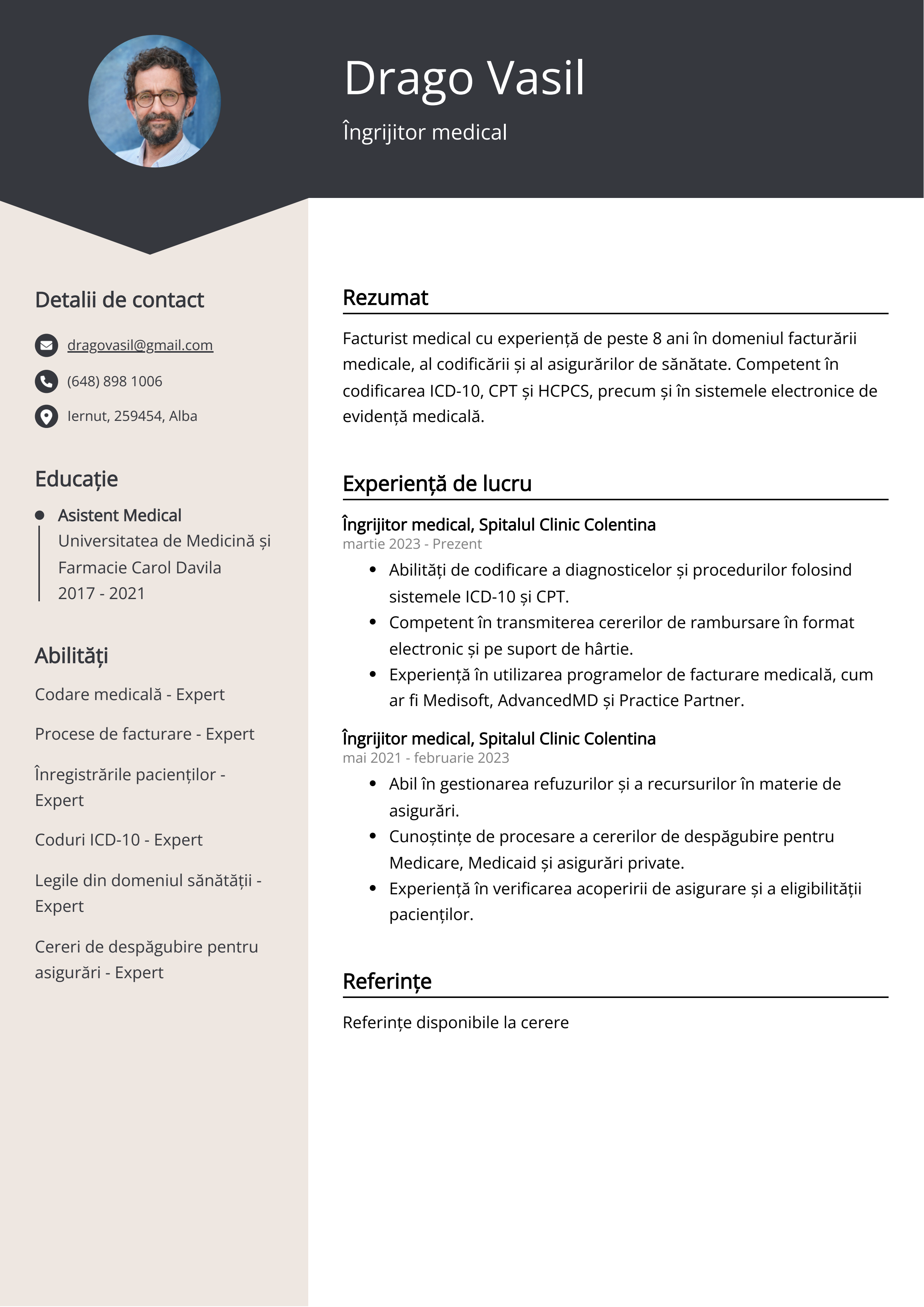 Îngrijitor medical Exemplu de CV