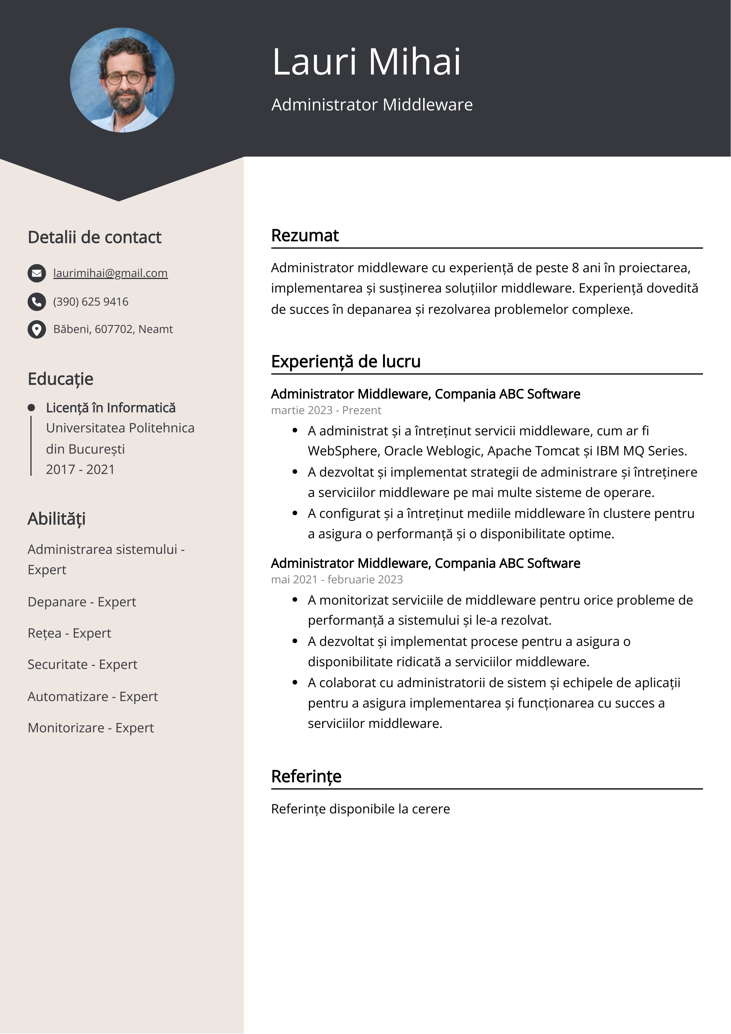 Administrator Middleware Exemplu de CV