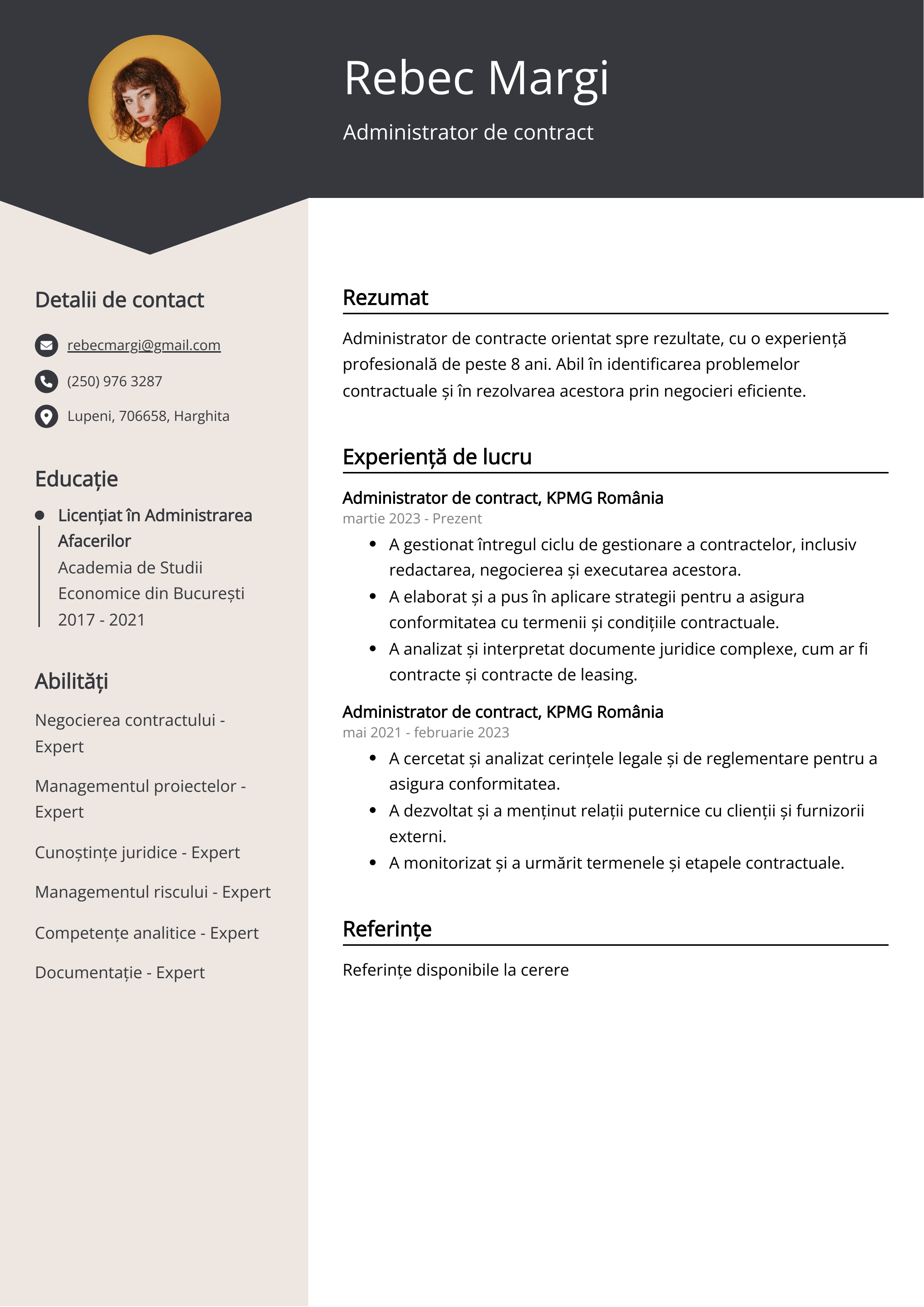 Administrator de contract Exemplu de CV