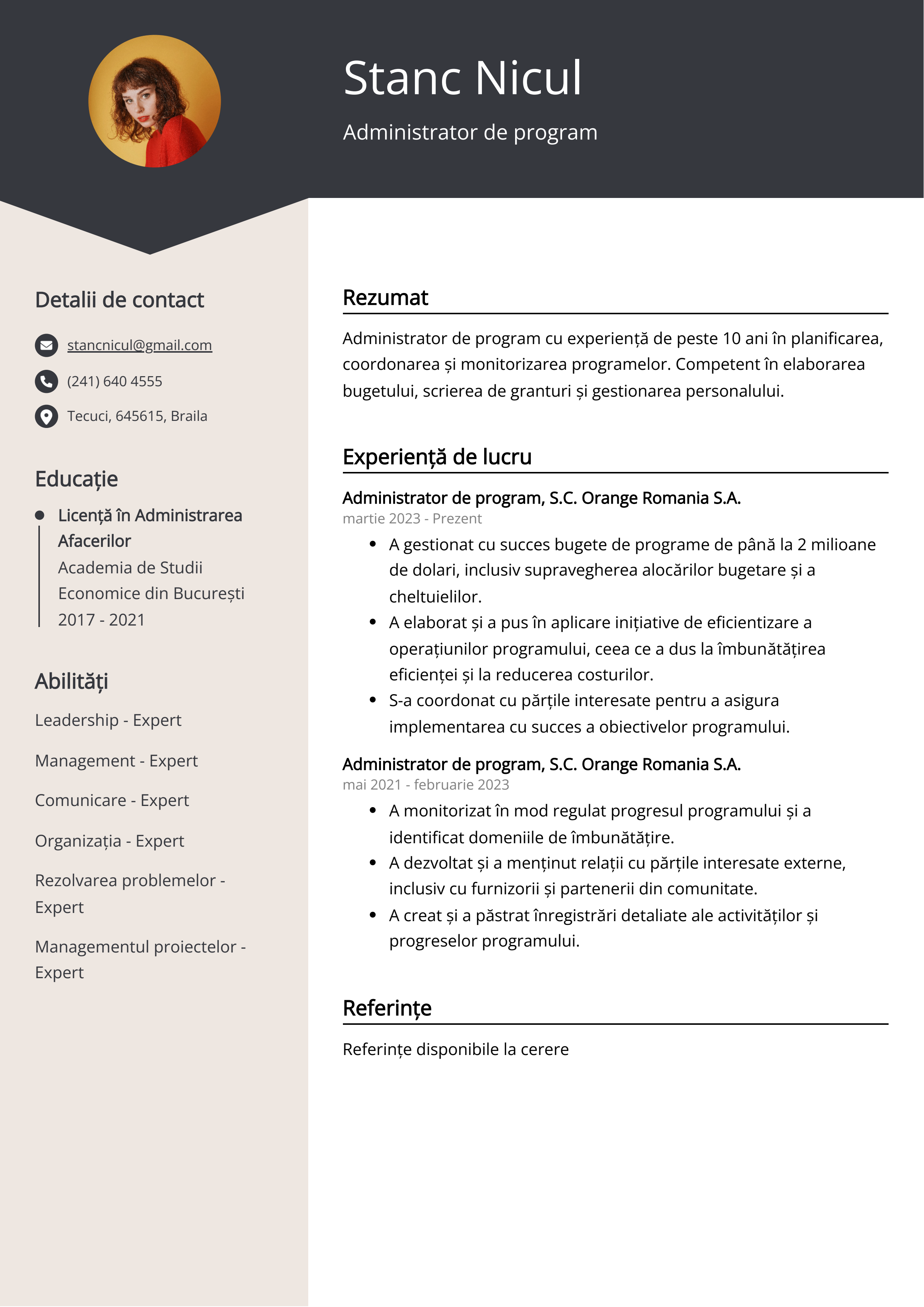 Administrator de program Exemplu de CV