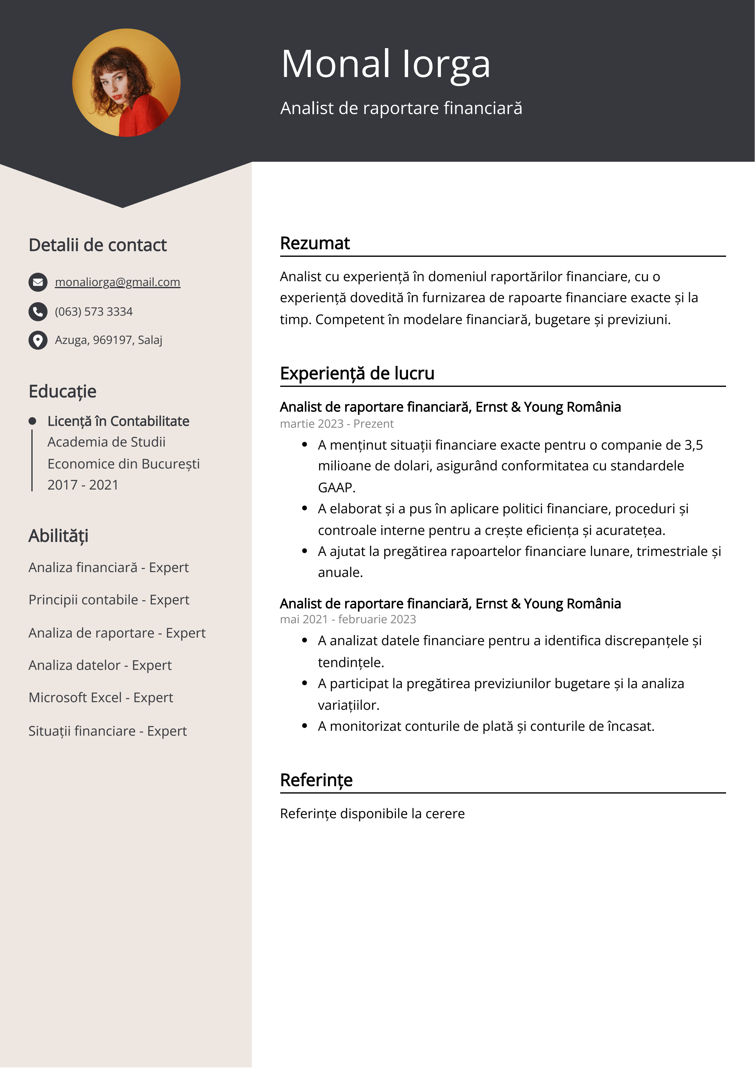 Analist de raportare financiară Exemplu de CV