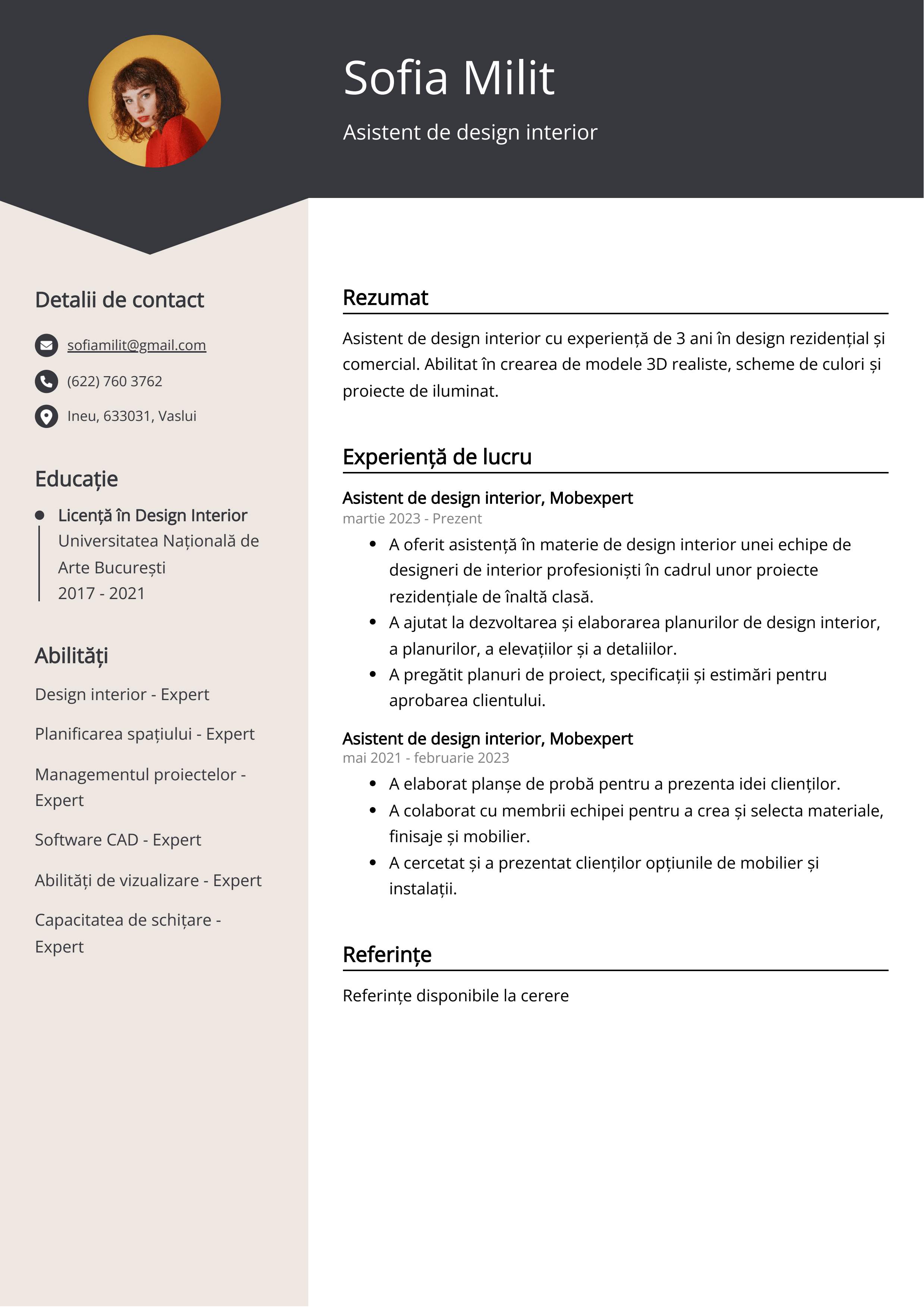 Asistent de design interior Exemplu de CV