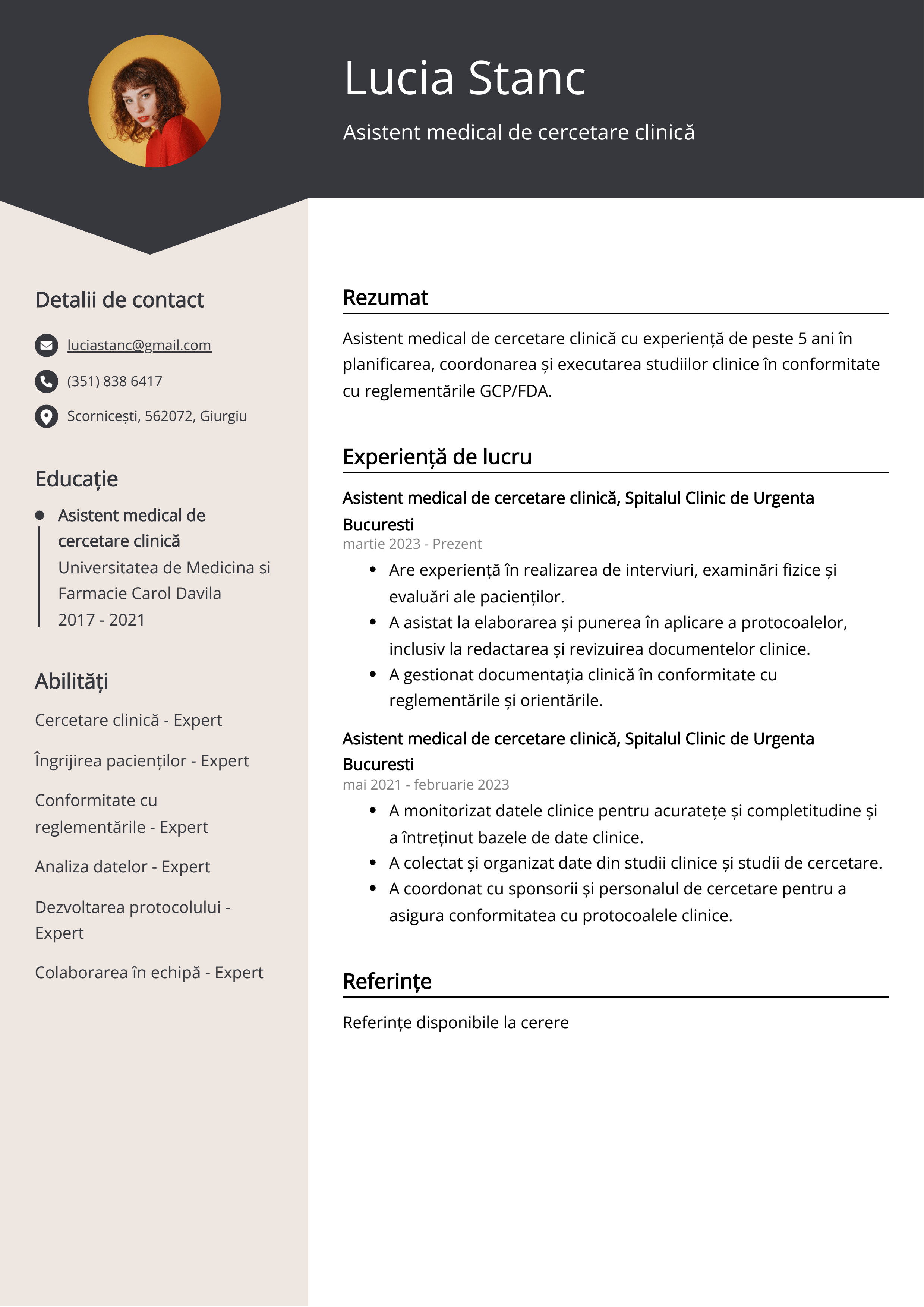 Asistent medical de cercetare clinică Resume Example