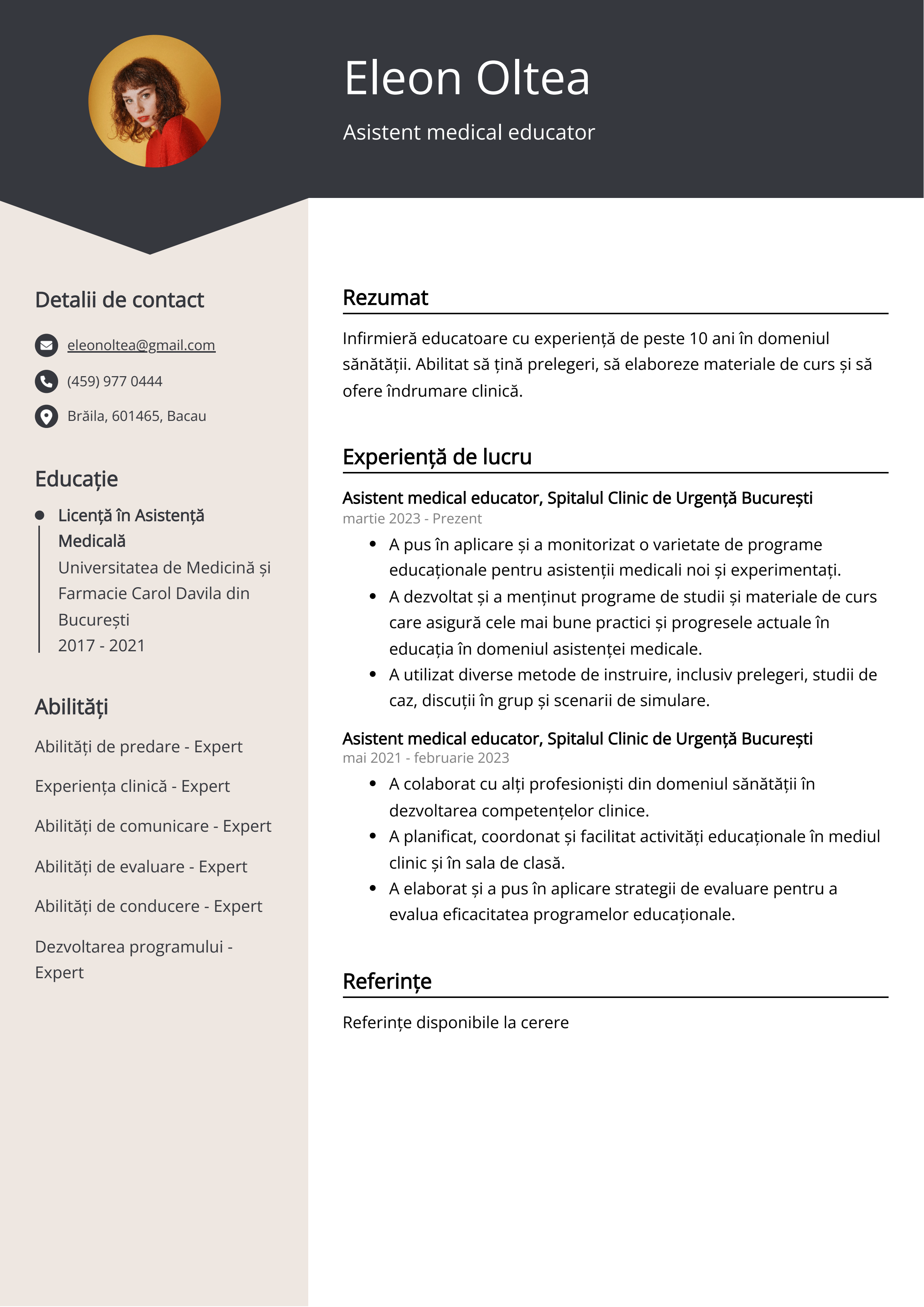 Educator medical asistent Exemplu de CV