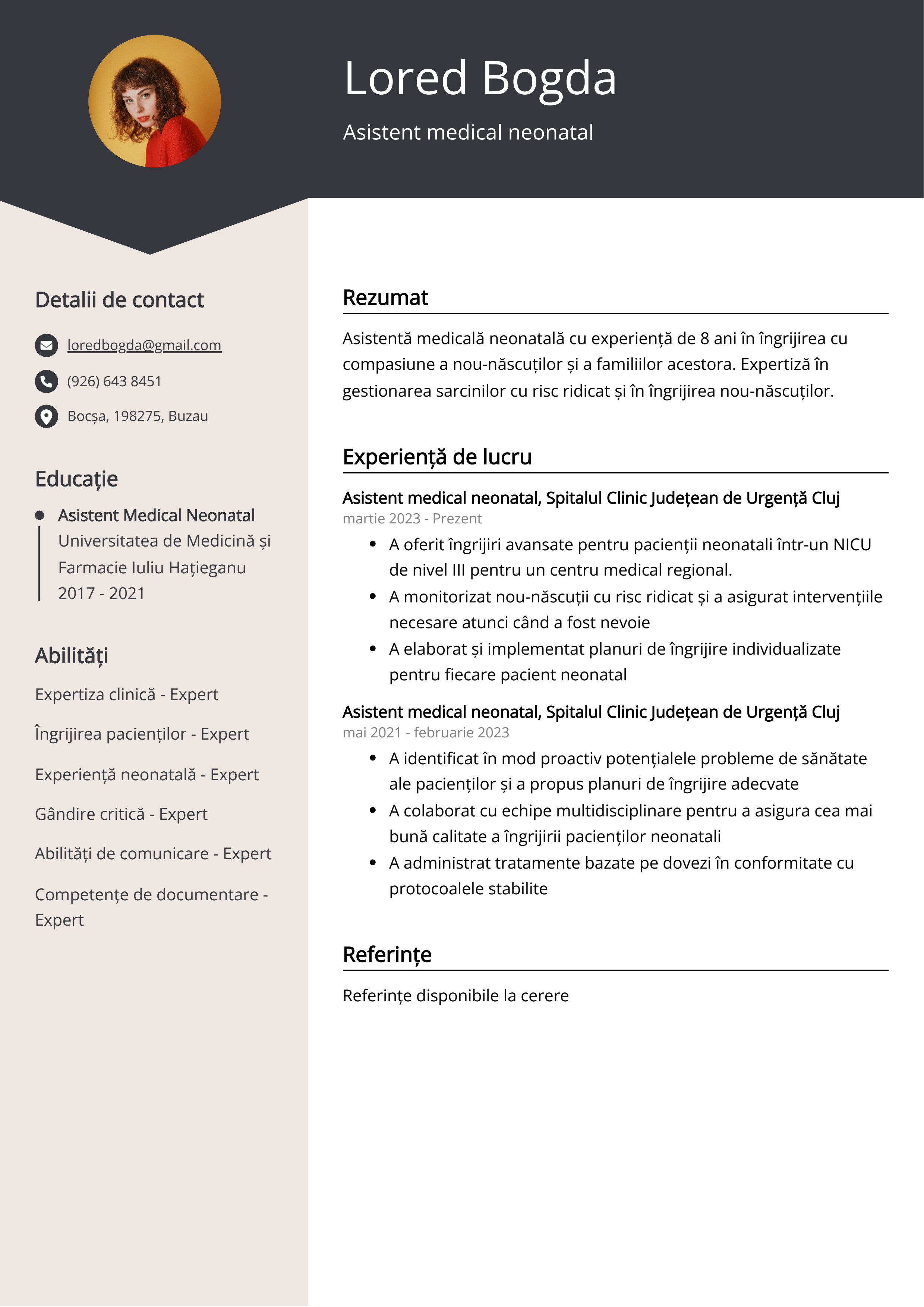 Asistent medical neonatal neonatal Exemplu de CV