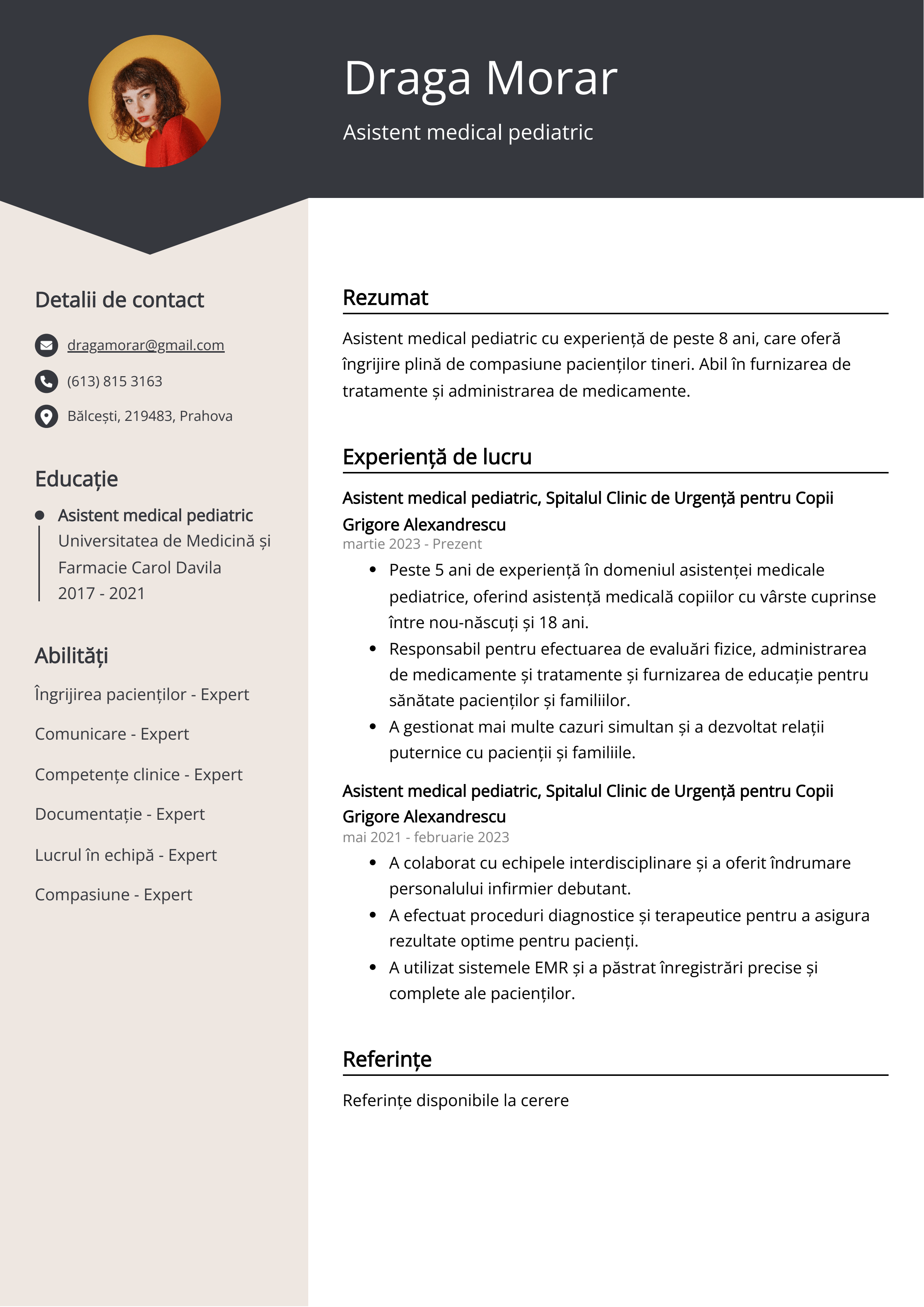 Asistent medical pediatric Exemplu de CV