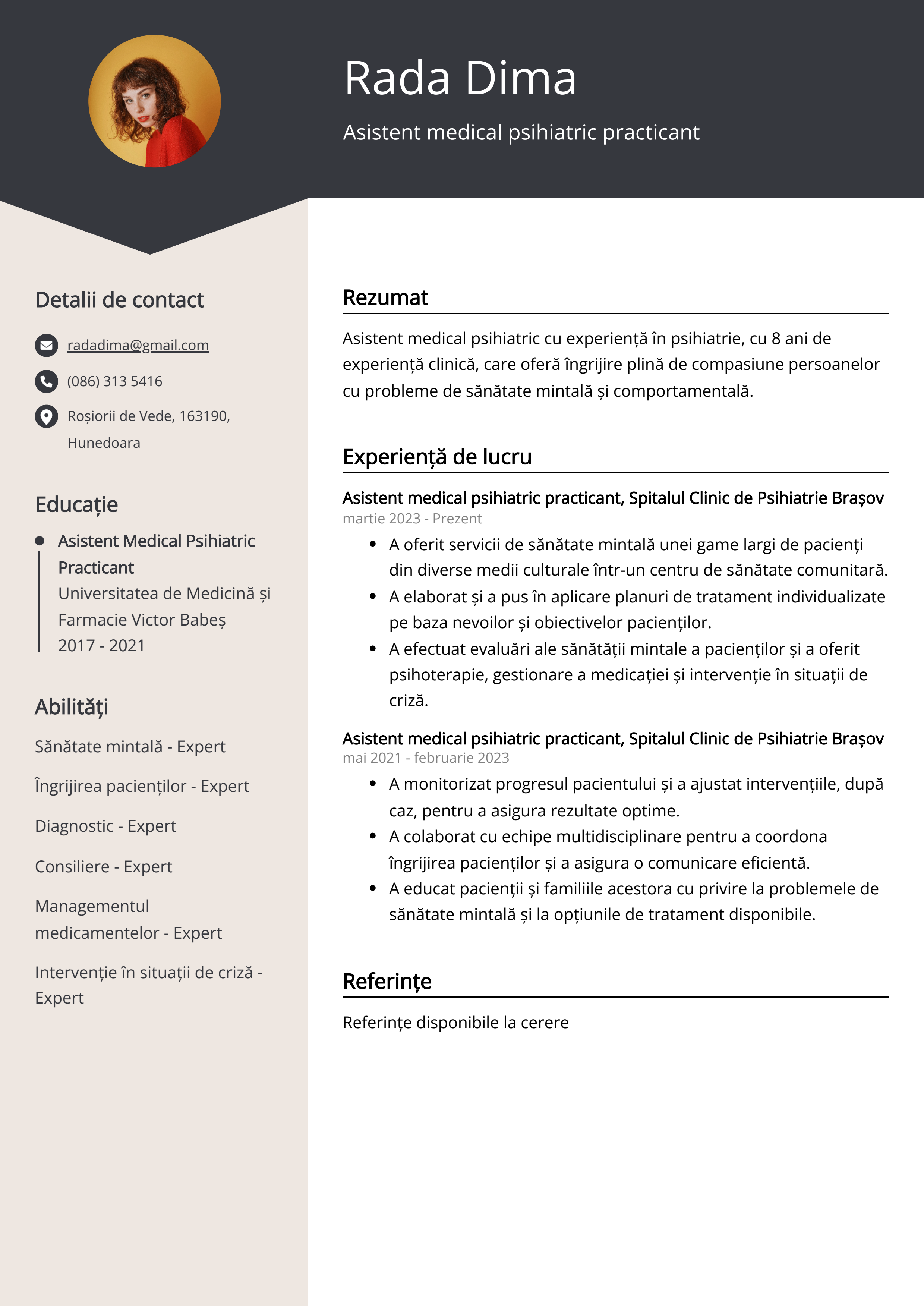 Asistent medical psihiatric practicant psihiatric Exemplu de CV