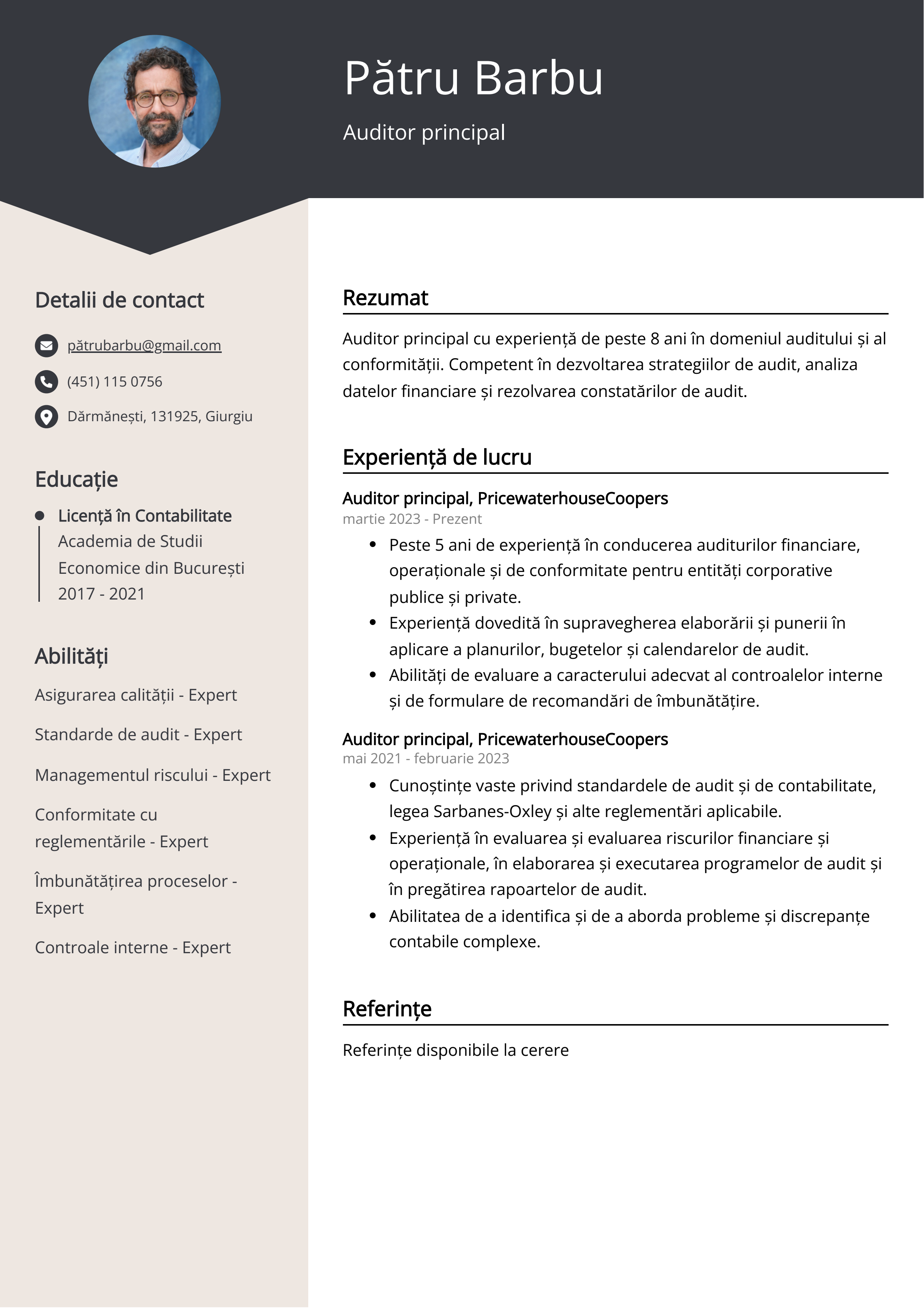 Exemplu de CV pentru auditor principal