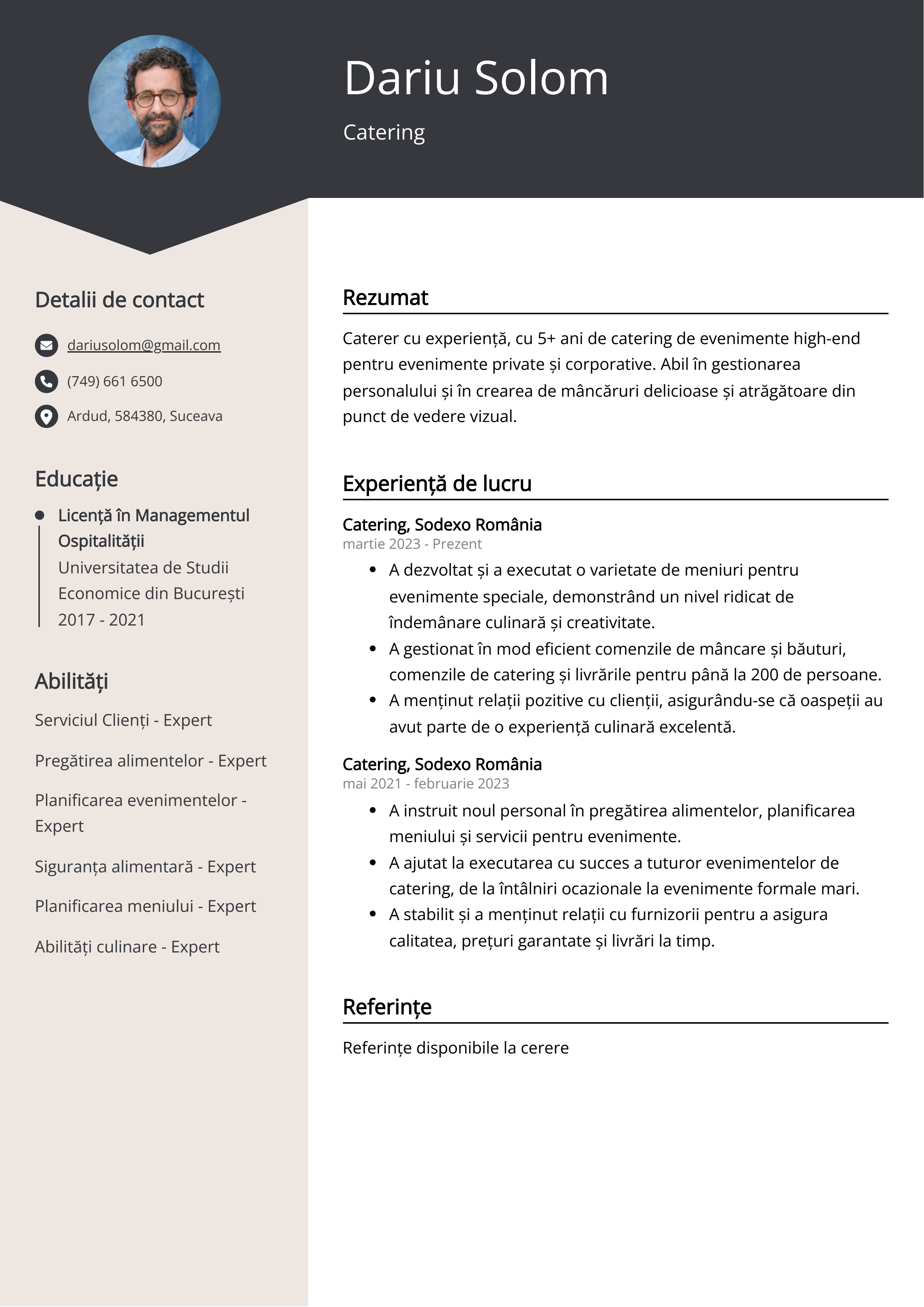 Exemplu de curriculum vitae de catering