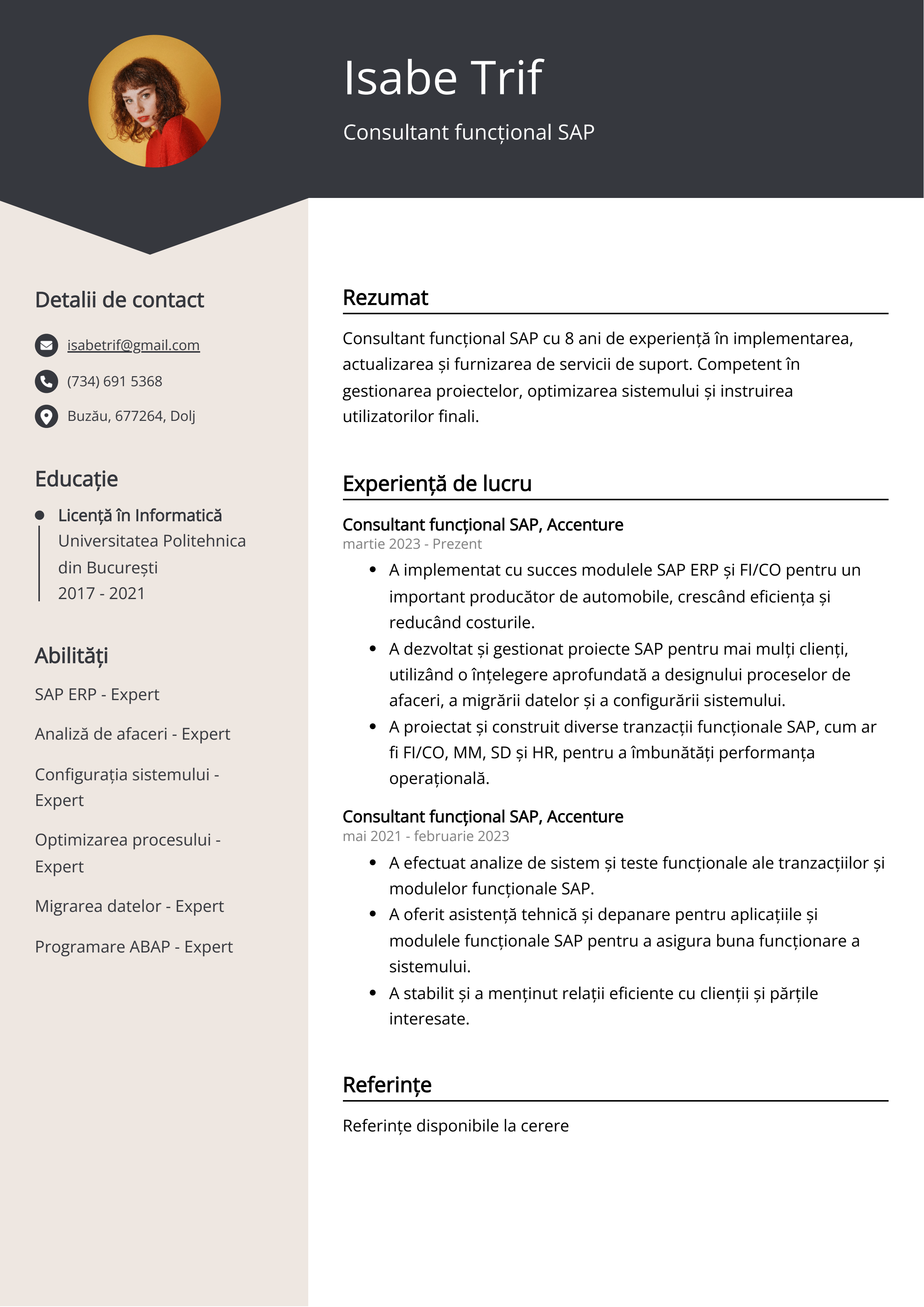 Consultant funcțional SAP Exemplu de CV
