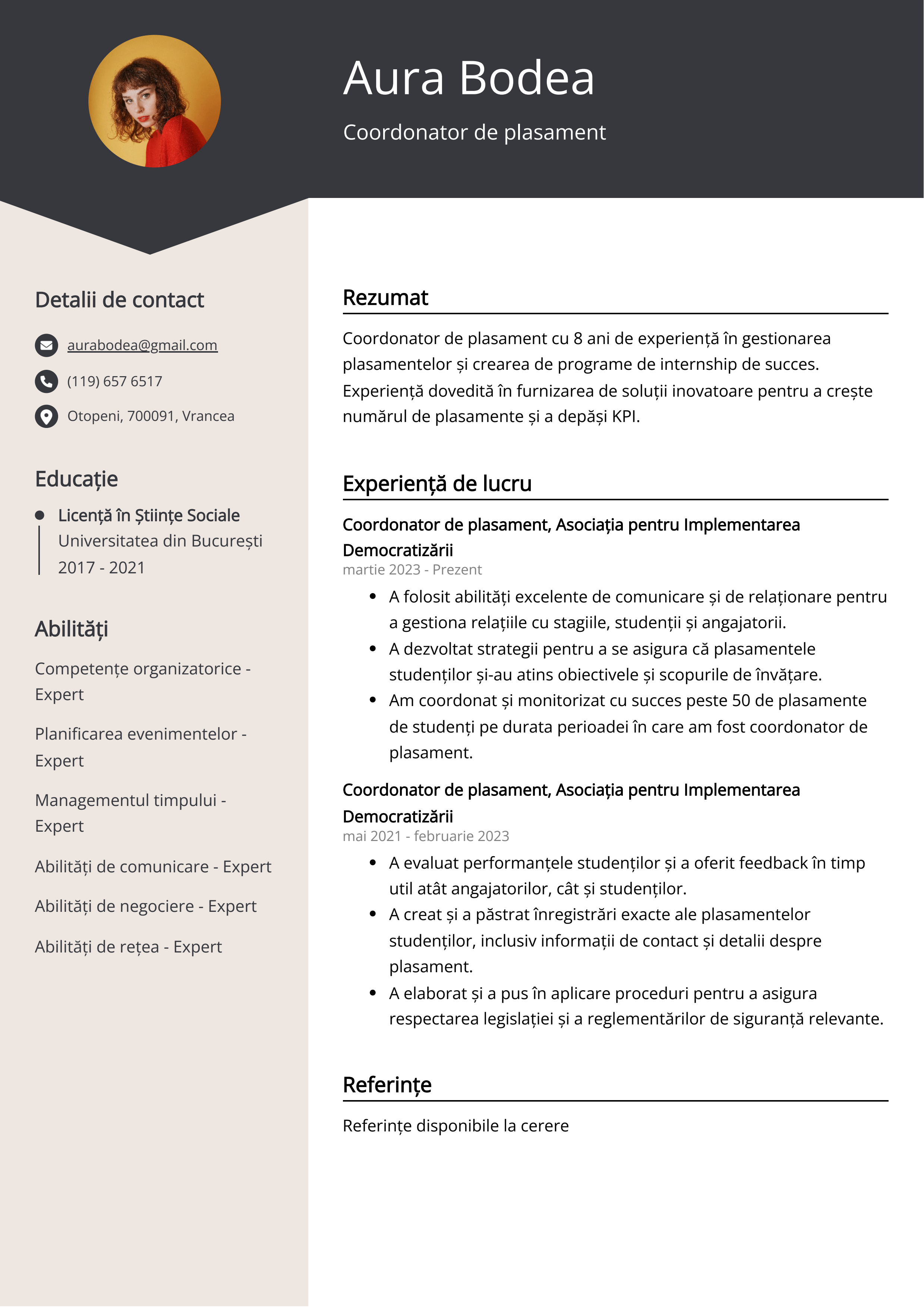 Coordonator de plasament Exemplu de CV