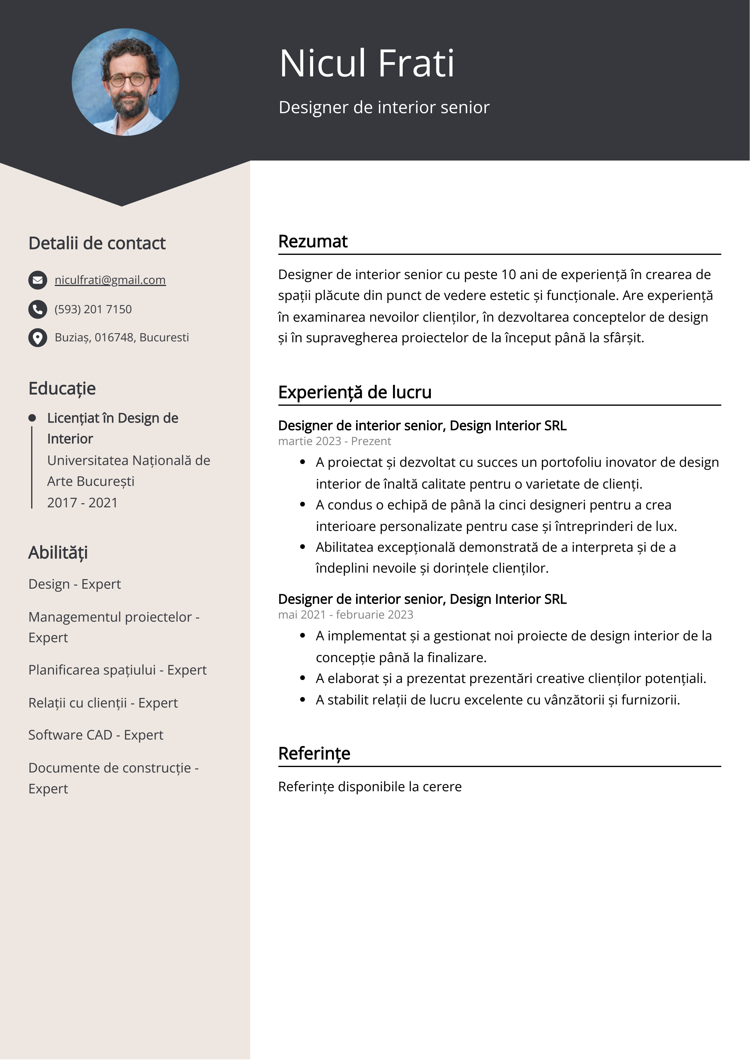 Designer de interior senior Resume Exemplu