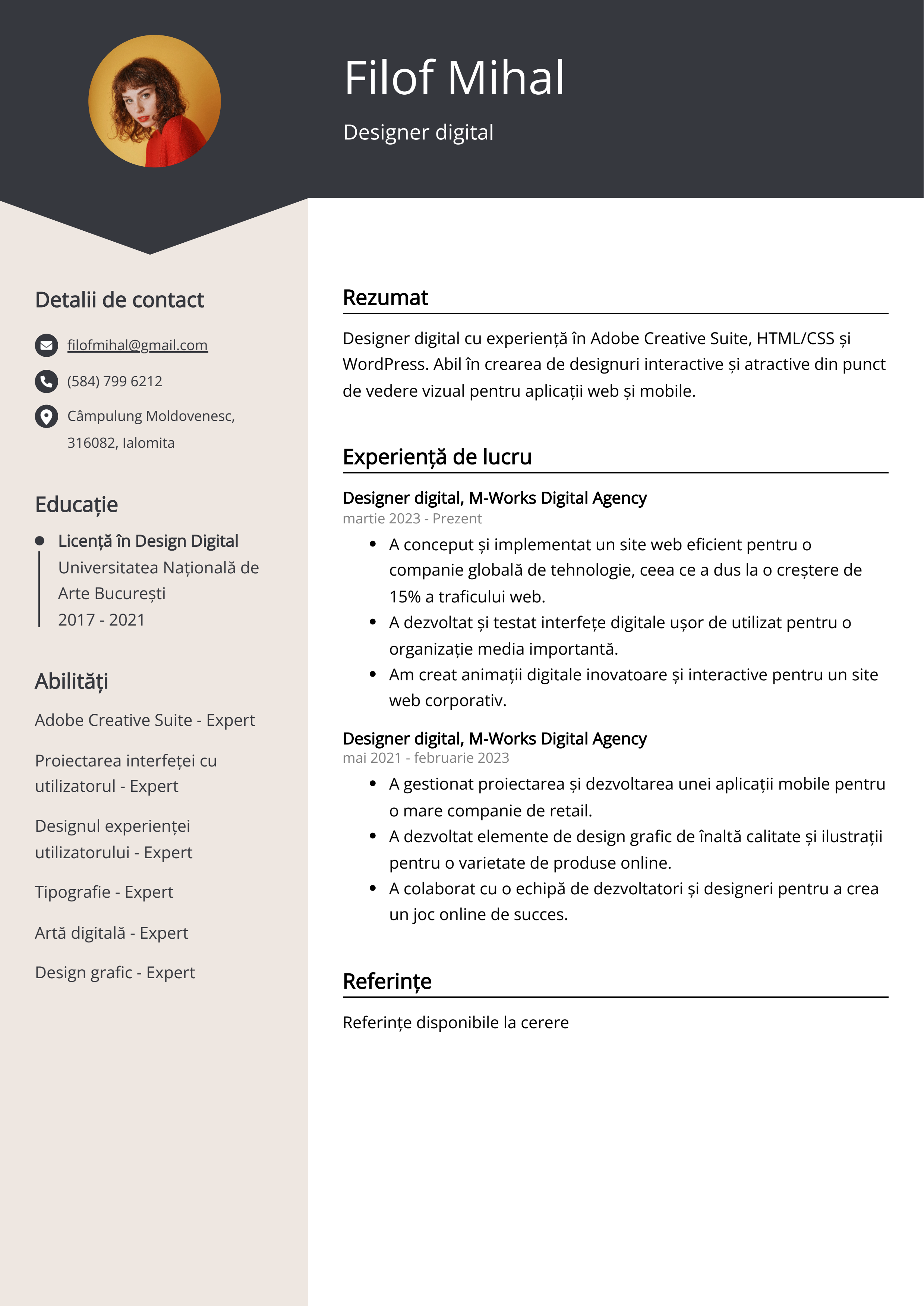 Designer digital Exemplu de CV