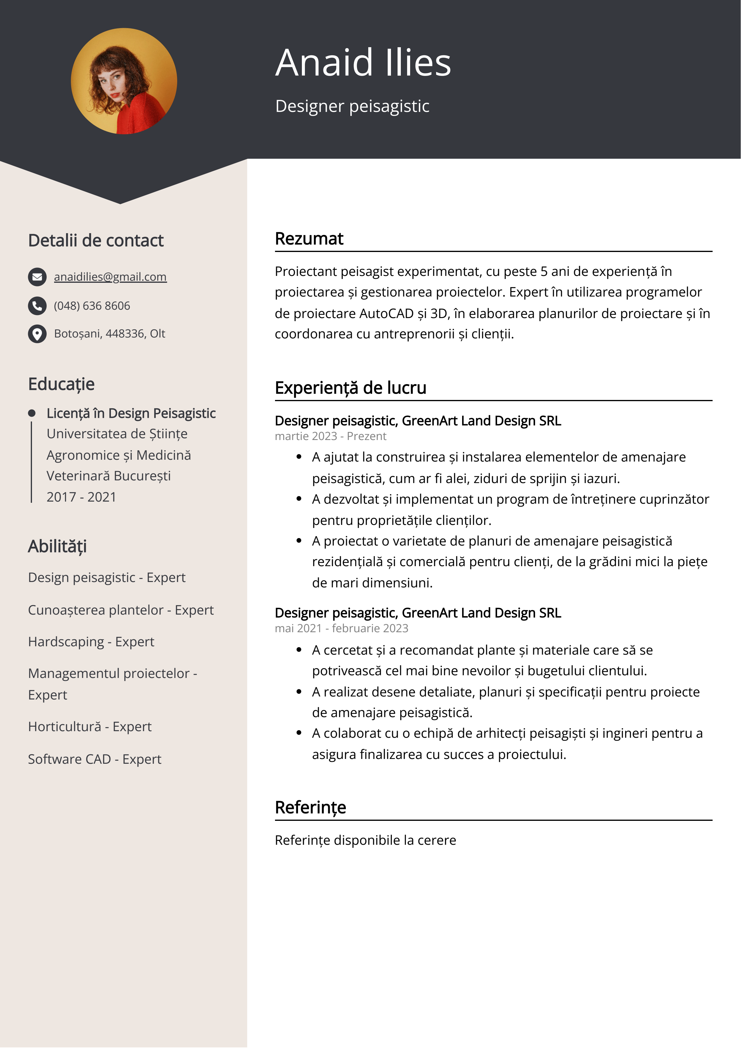 Designer peisagistic Exemplu de CV