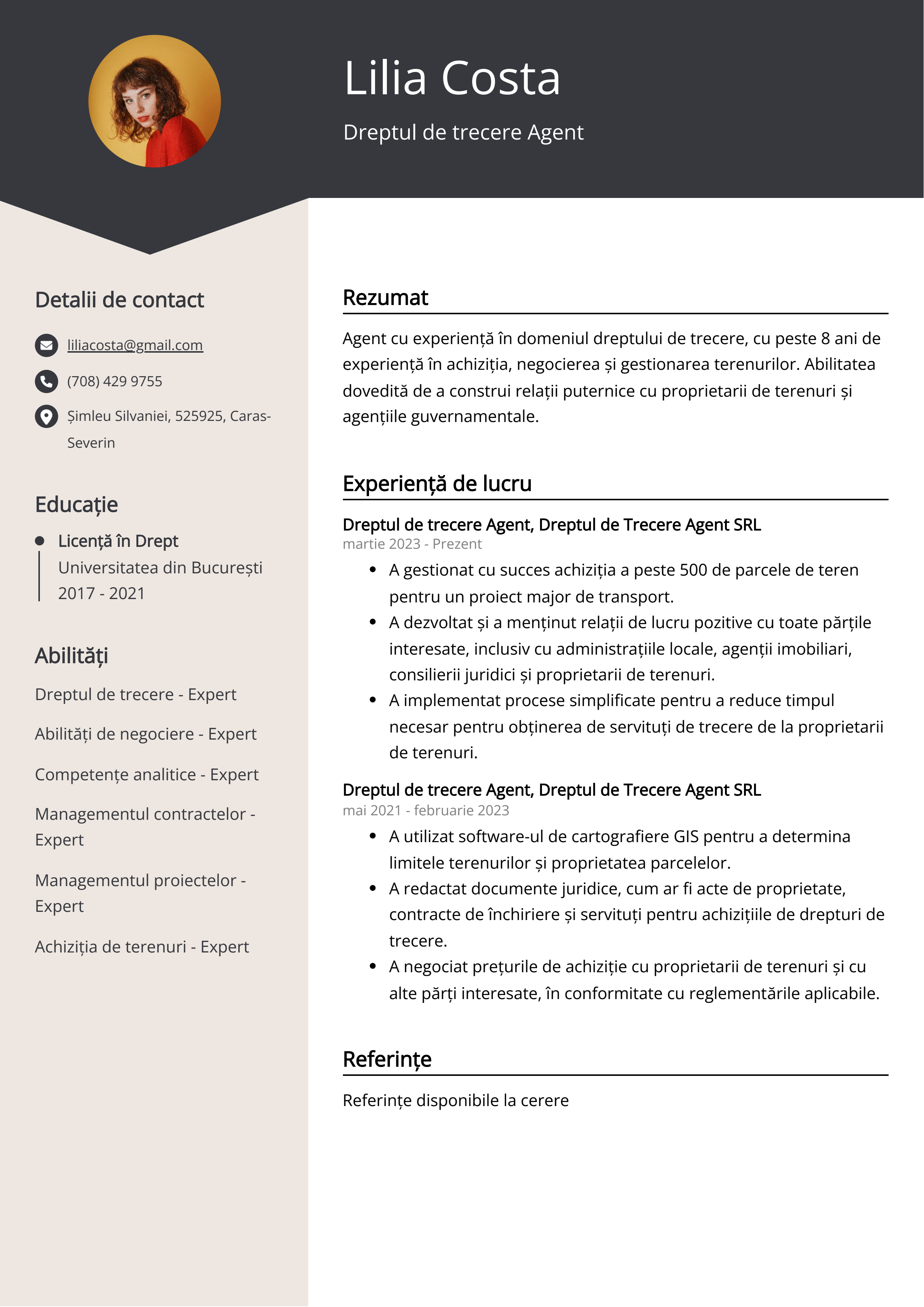 Dreptul de trecere Agent Resume Example