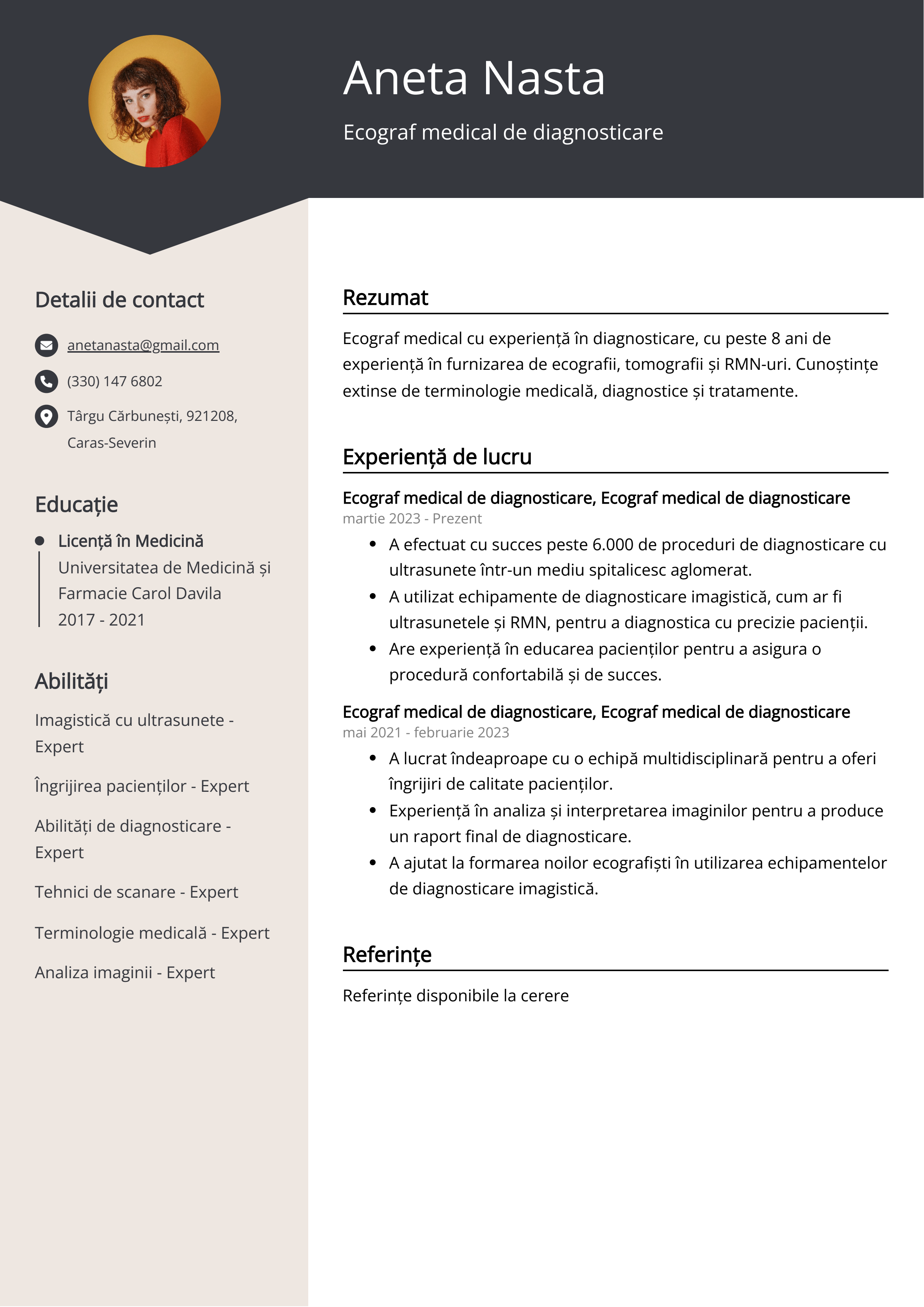 Ecograf medical de diagnosticare Exemplu de CV