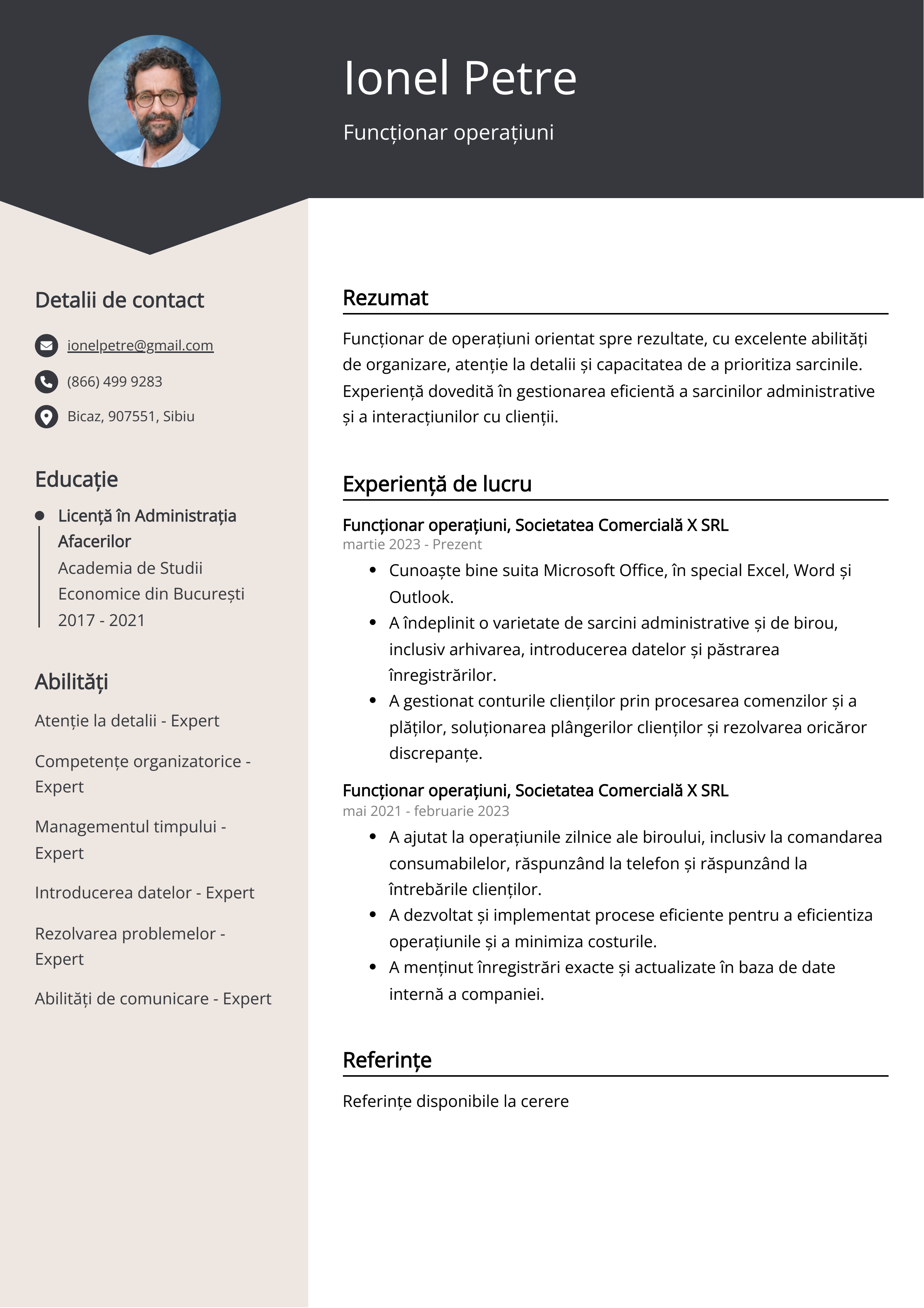 Funcționar operațiuni Exemplu de CV