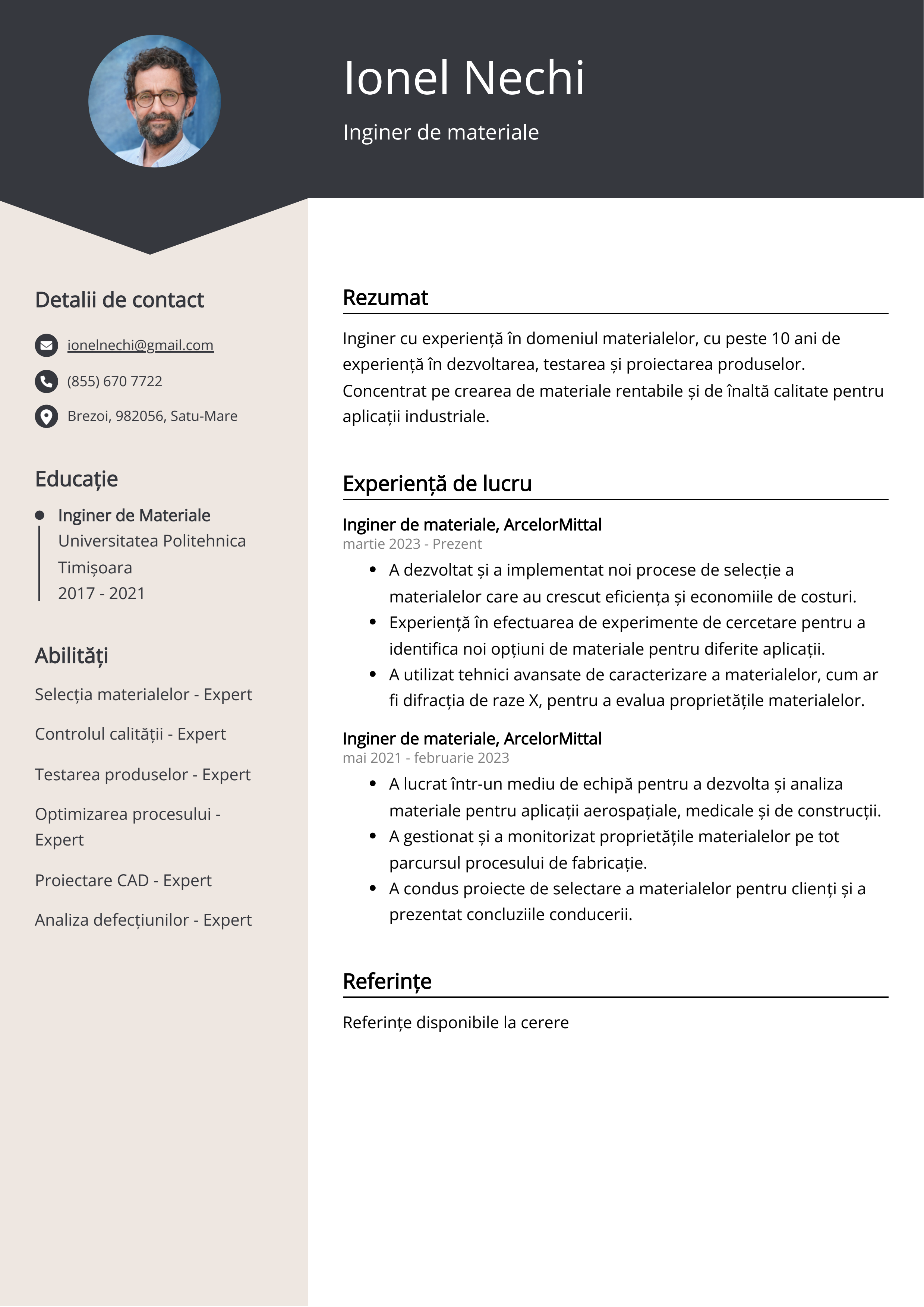 Inginer de materiale Exemplu de CV