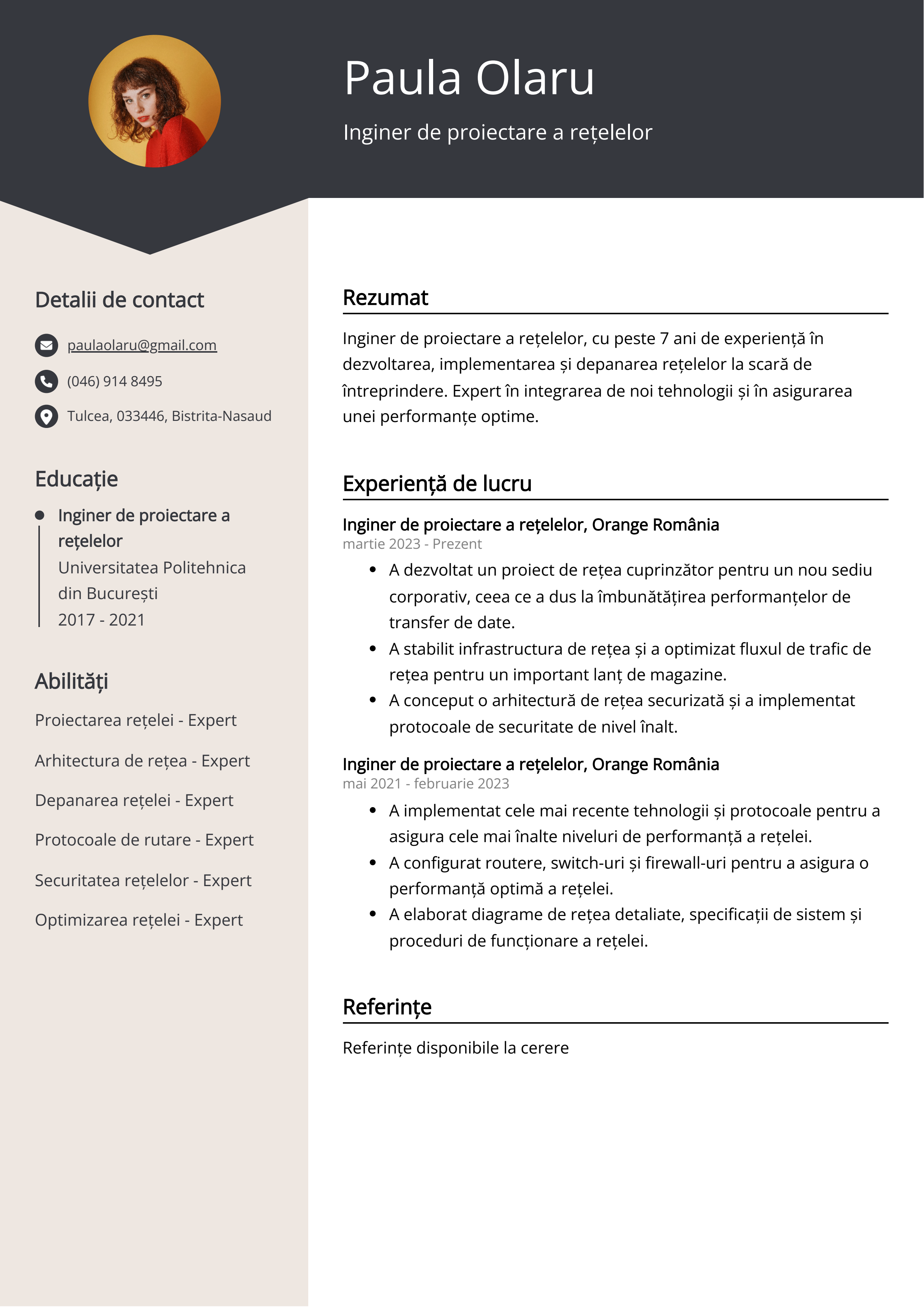 Inginer de proiectare a rețelelor Exemplu de CV