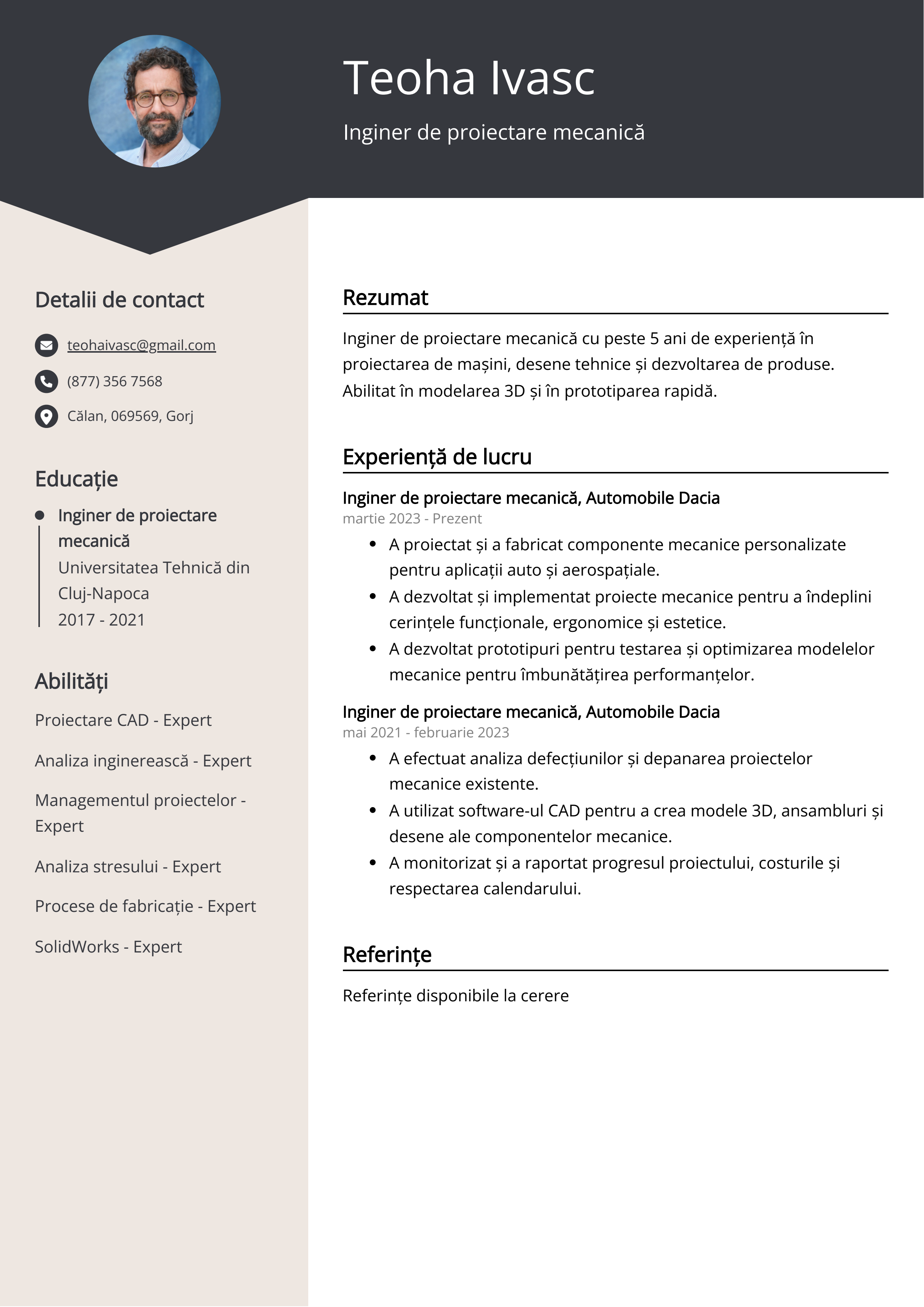 Inginer de proiectare mecanică Exemplu de CV