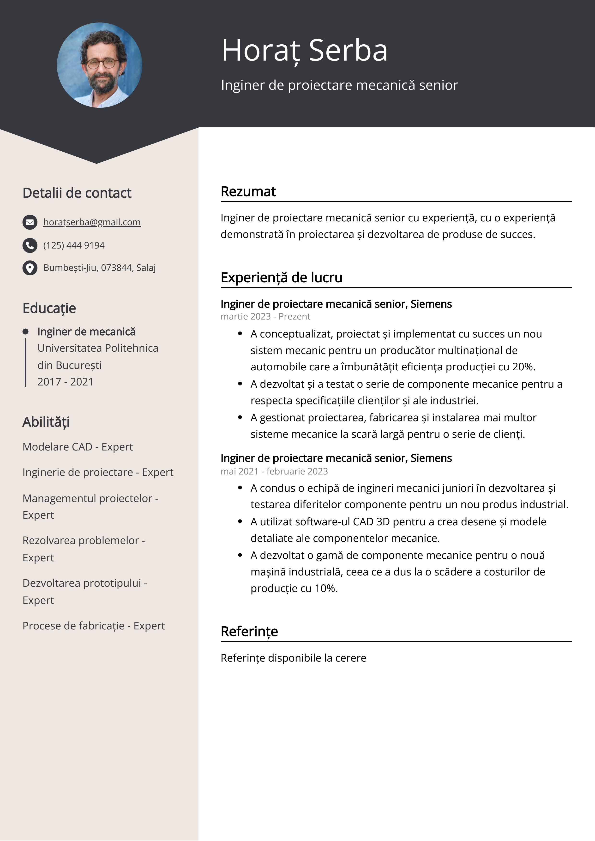 Inginer de proiectare mecanică senior Resume Example