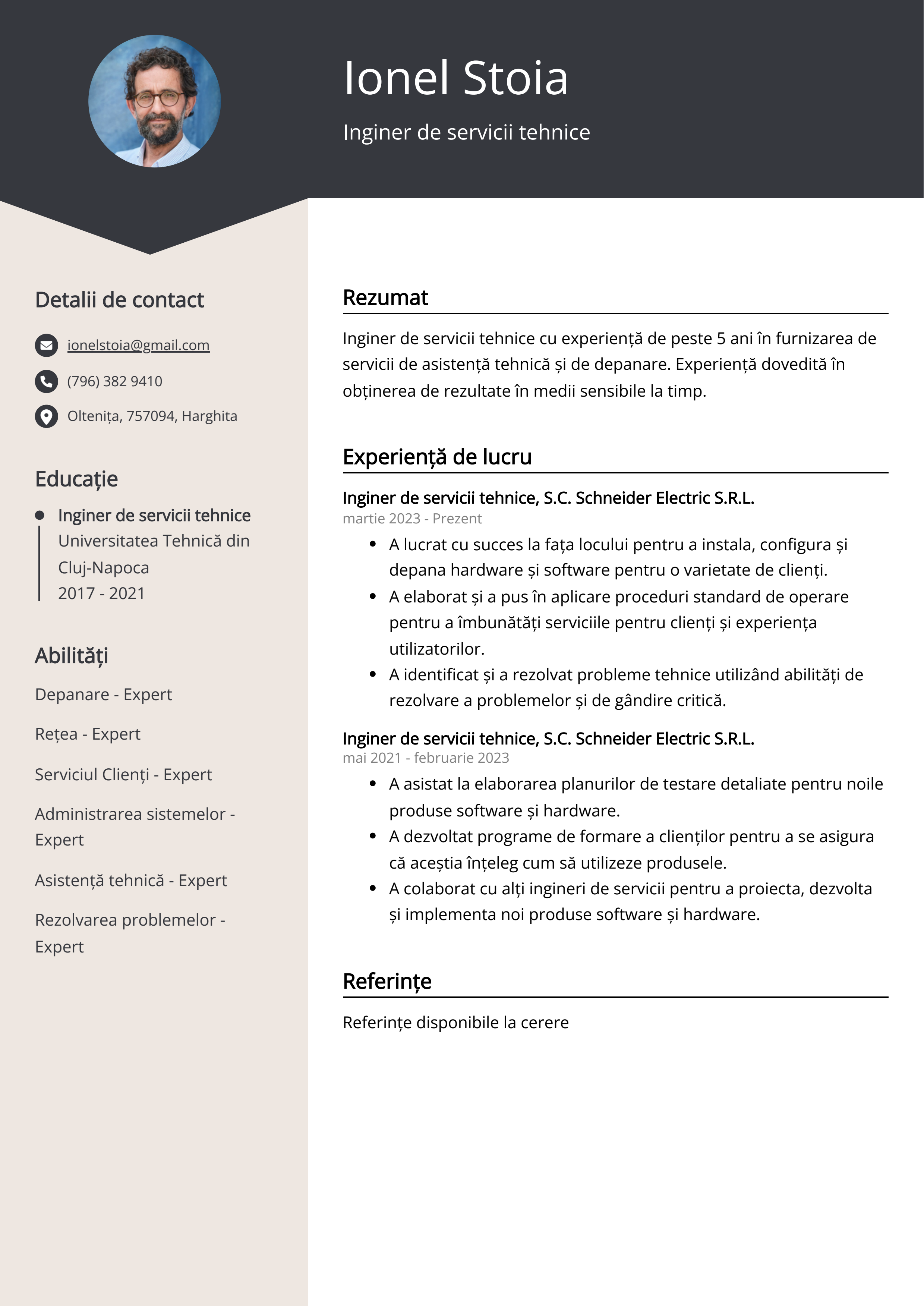 Inginer de servicii tehnice Exemplu de CV