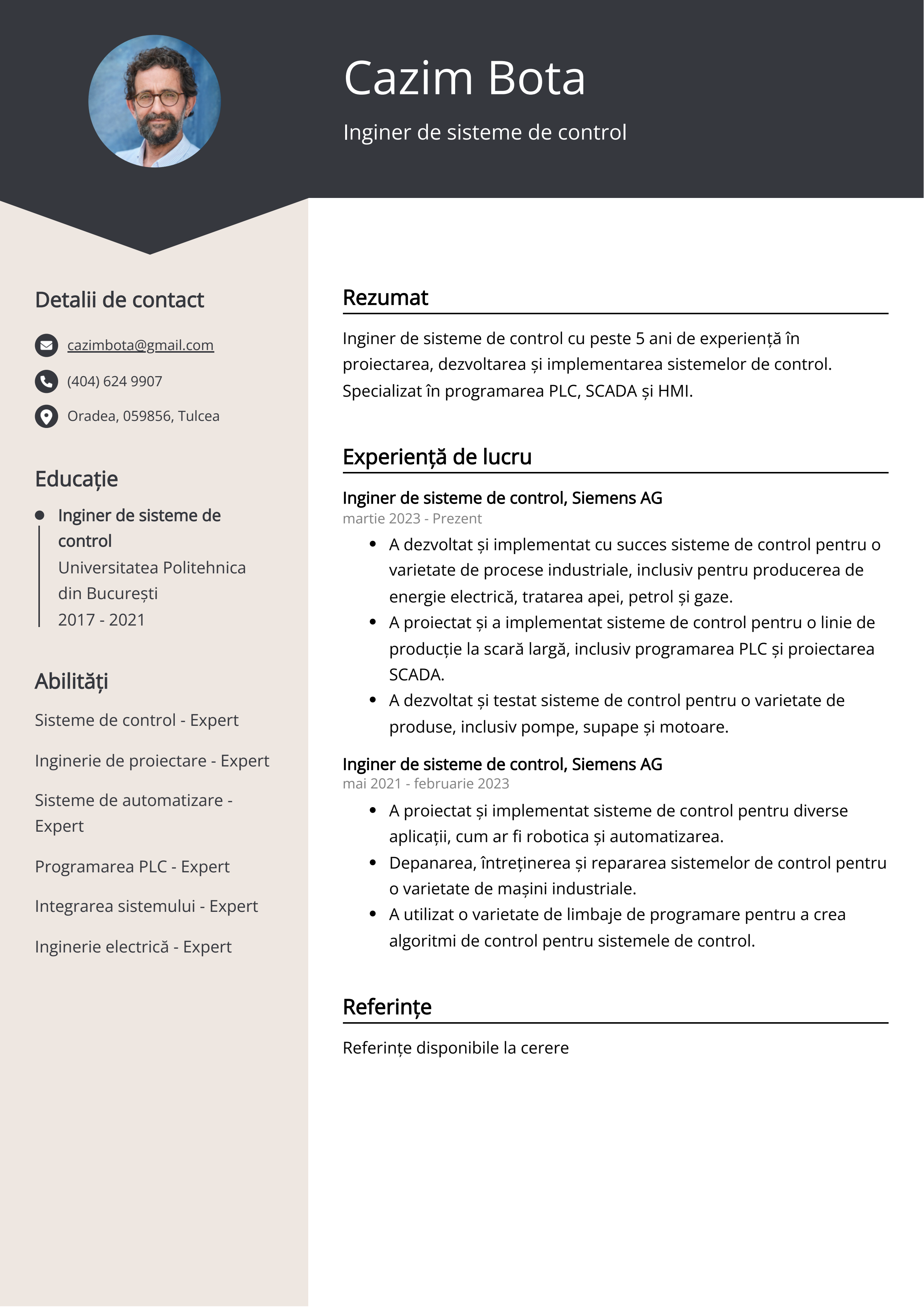 Inginer de sisteme de control Exemplu de CV