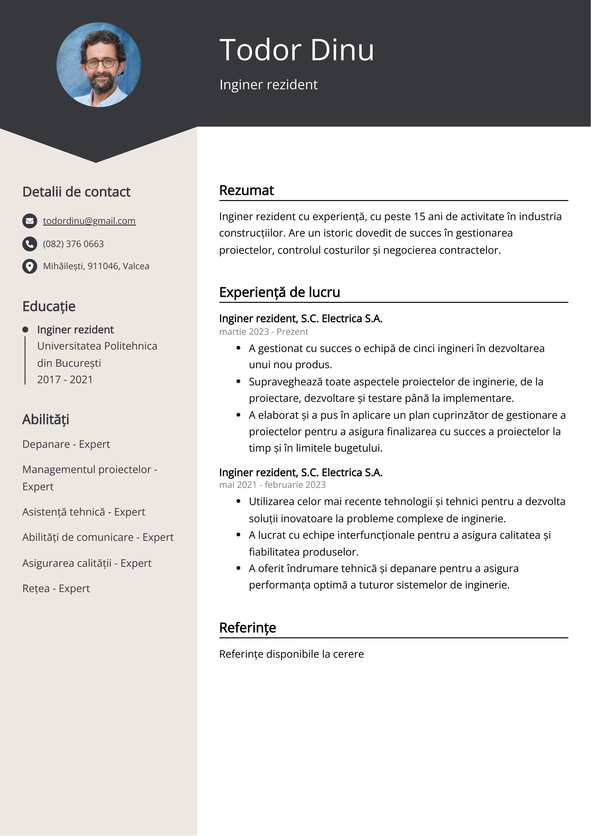 Inginer rezident Exemplu de CV