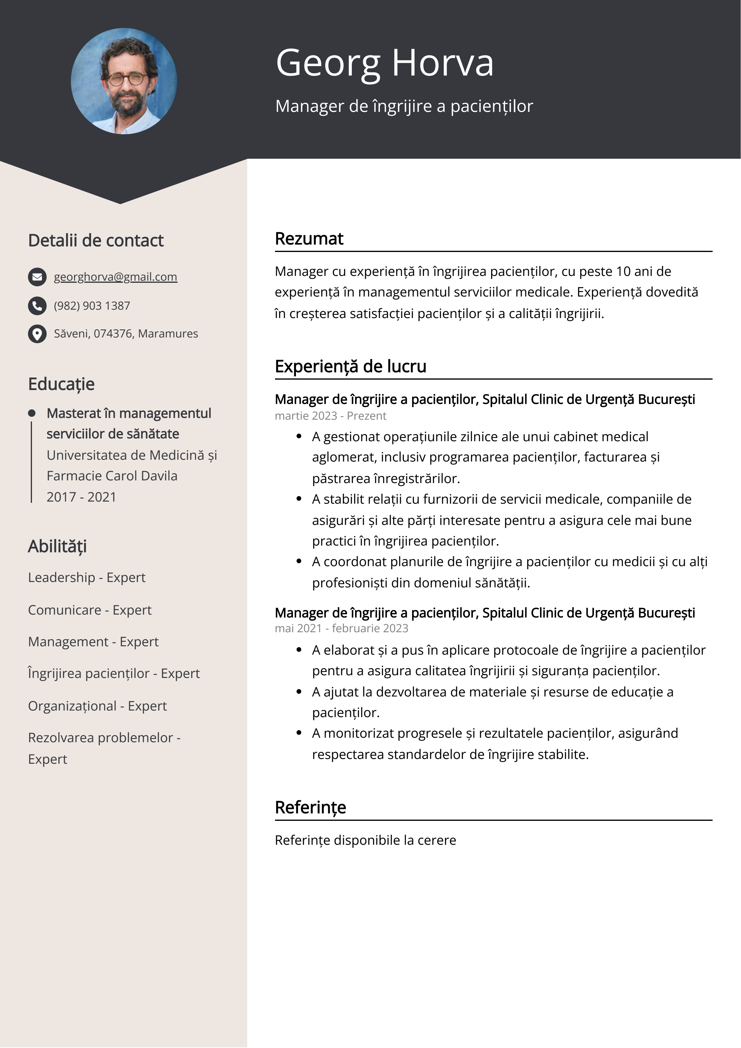 Manager de îngrijire a pacienților Exemplu de CV