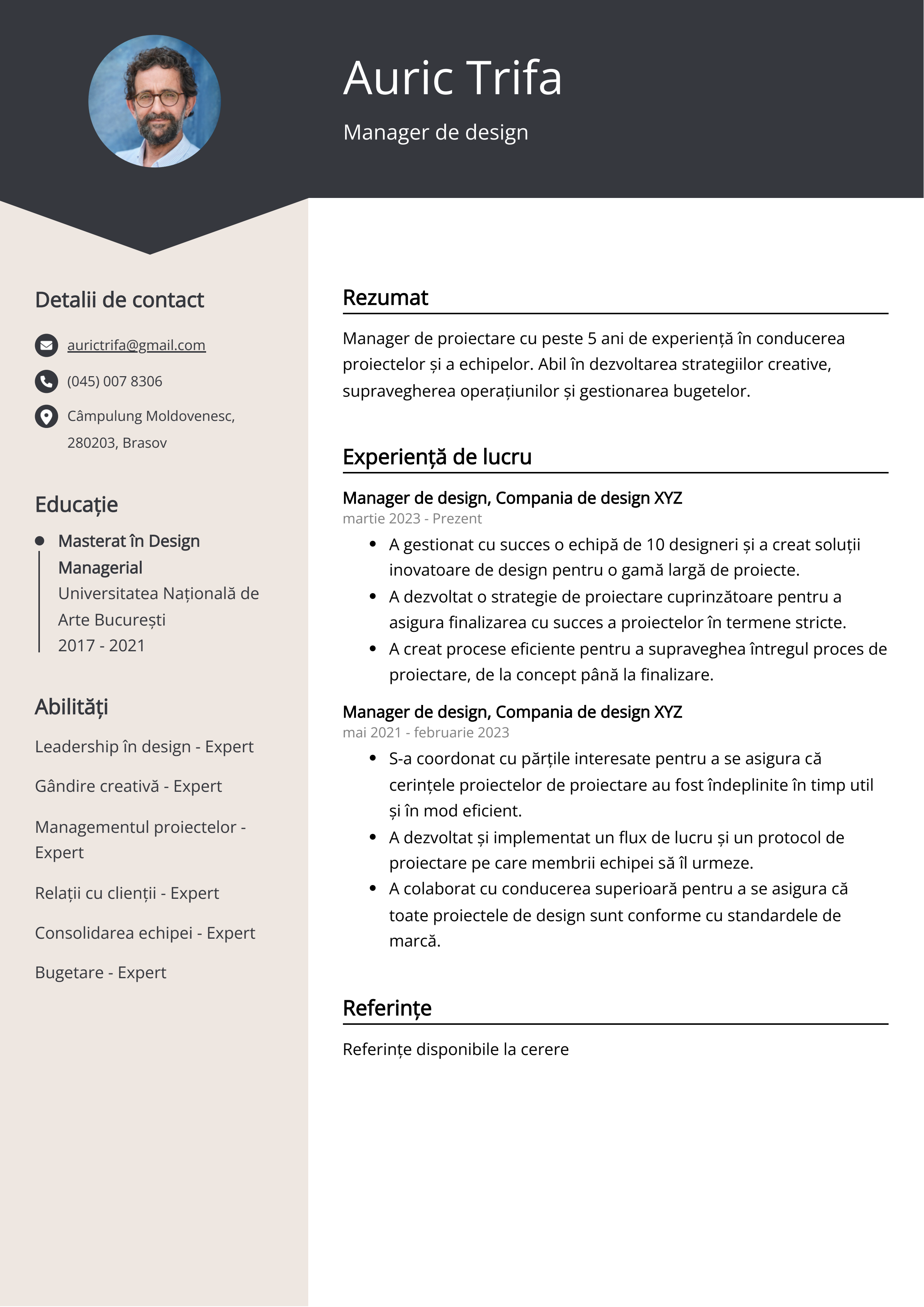 Manager de design Exemplu de CV