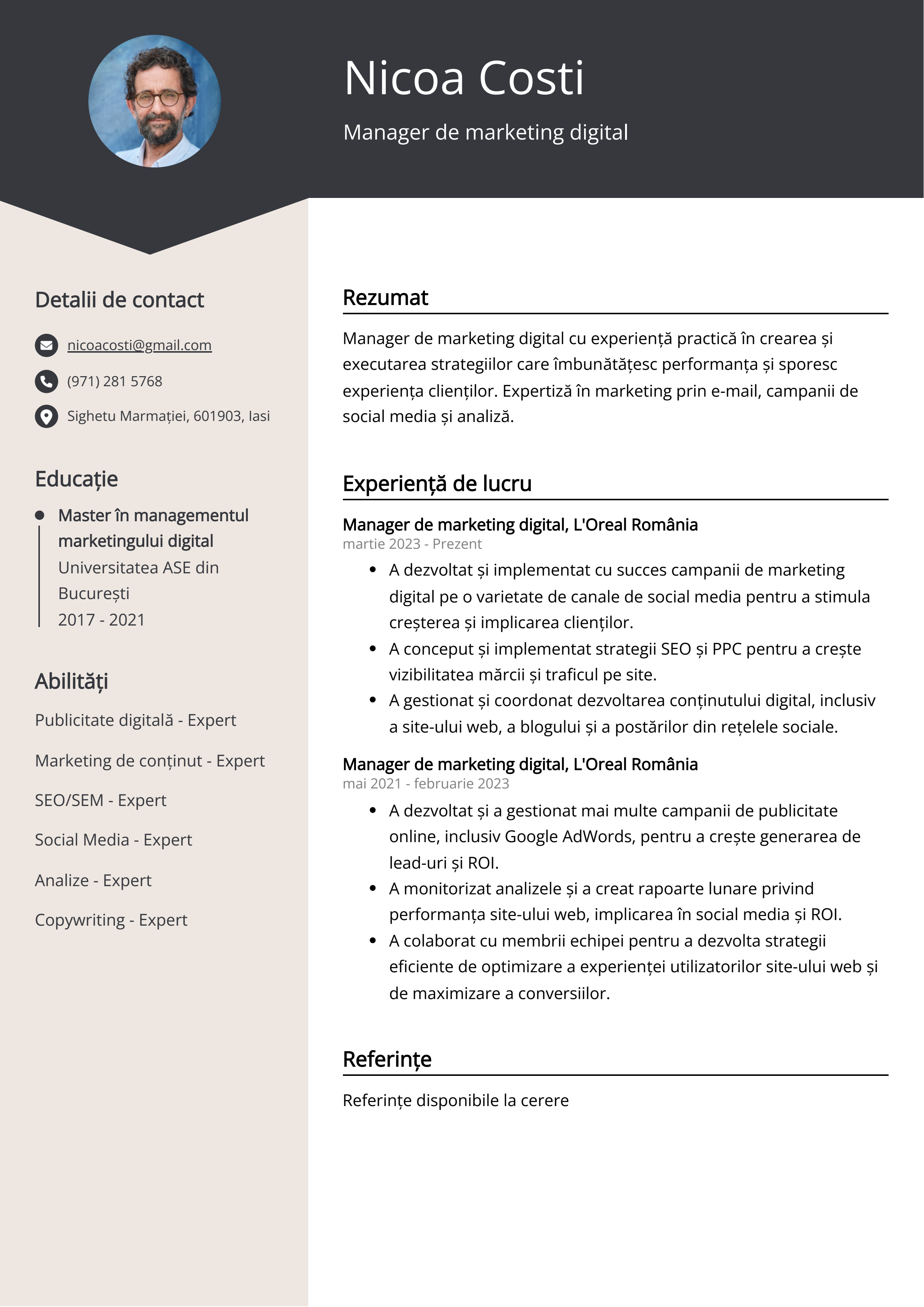 Manager de marketing digital Resume Exemplu de CV