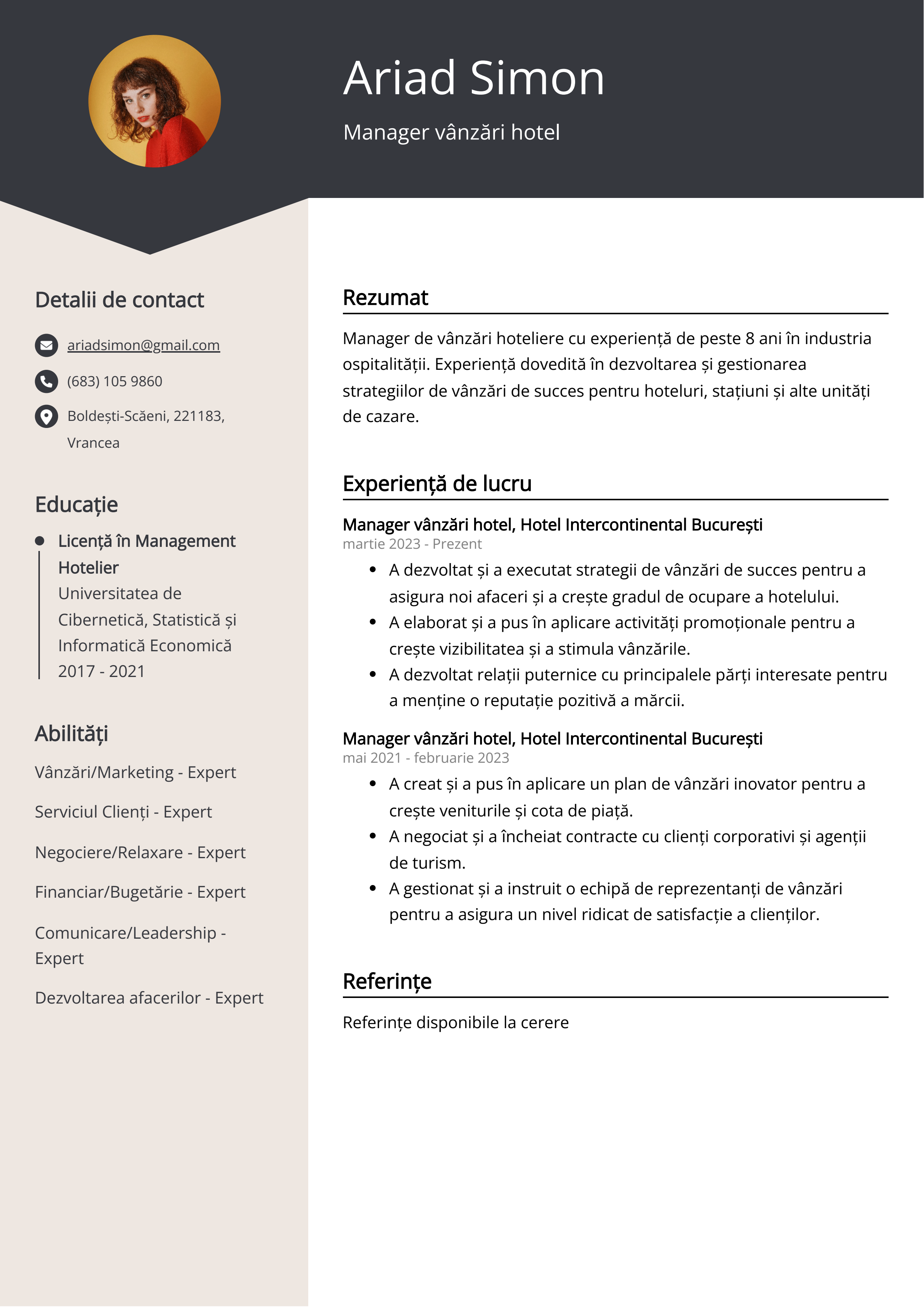 Manager vânzări hotel Resume Example