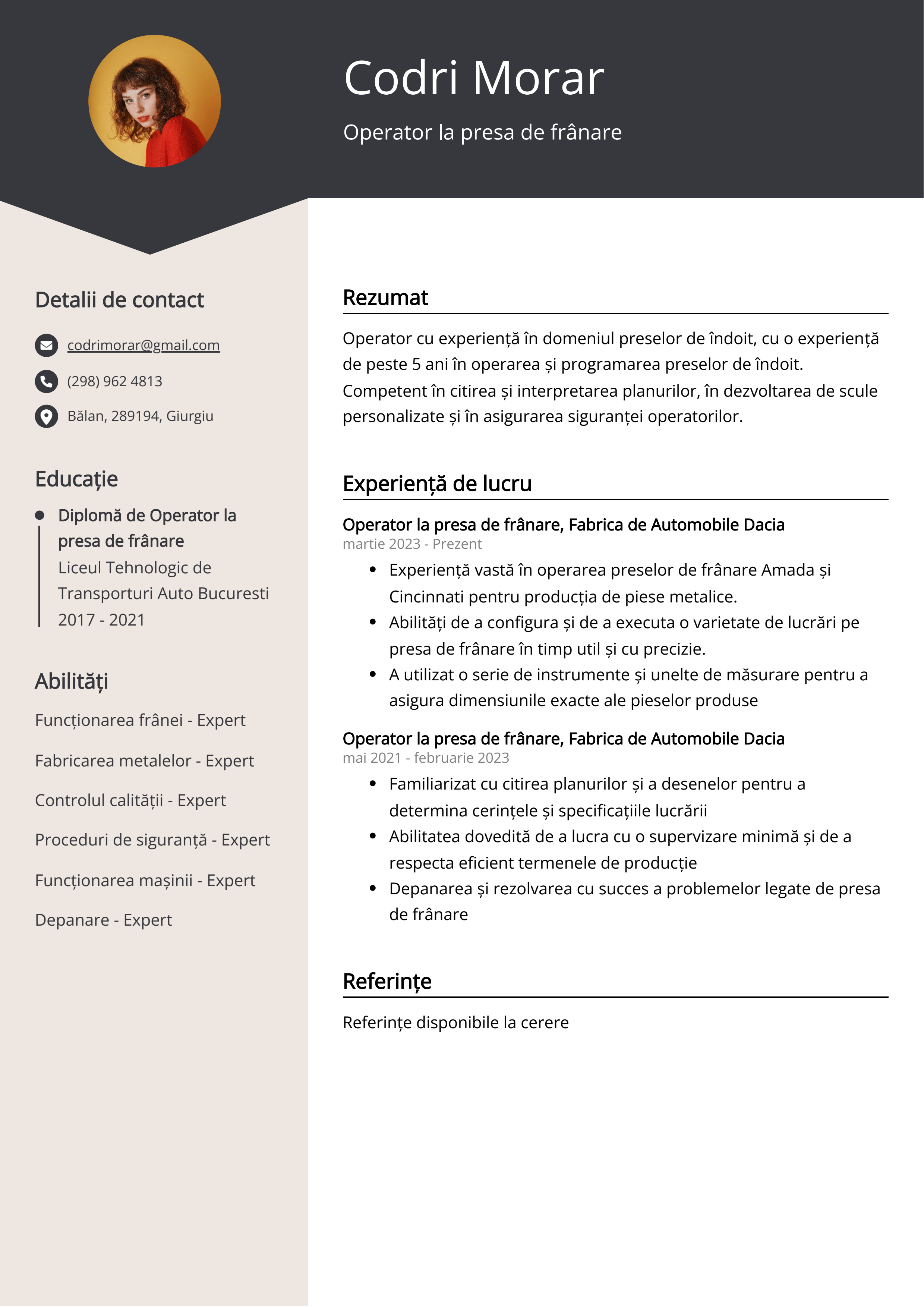 Operator la presa de frânare Exemplu de CV