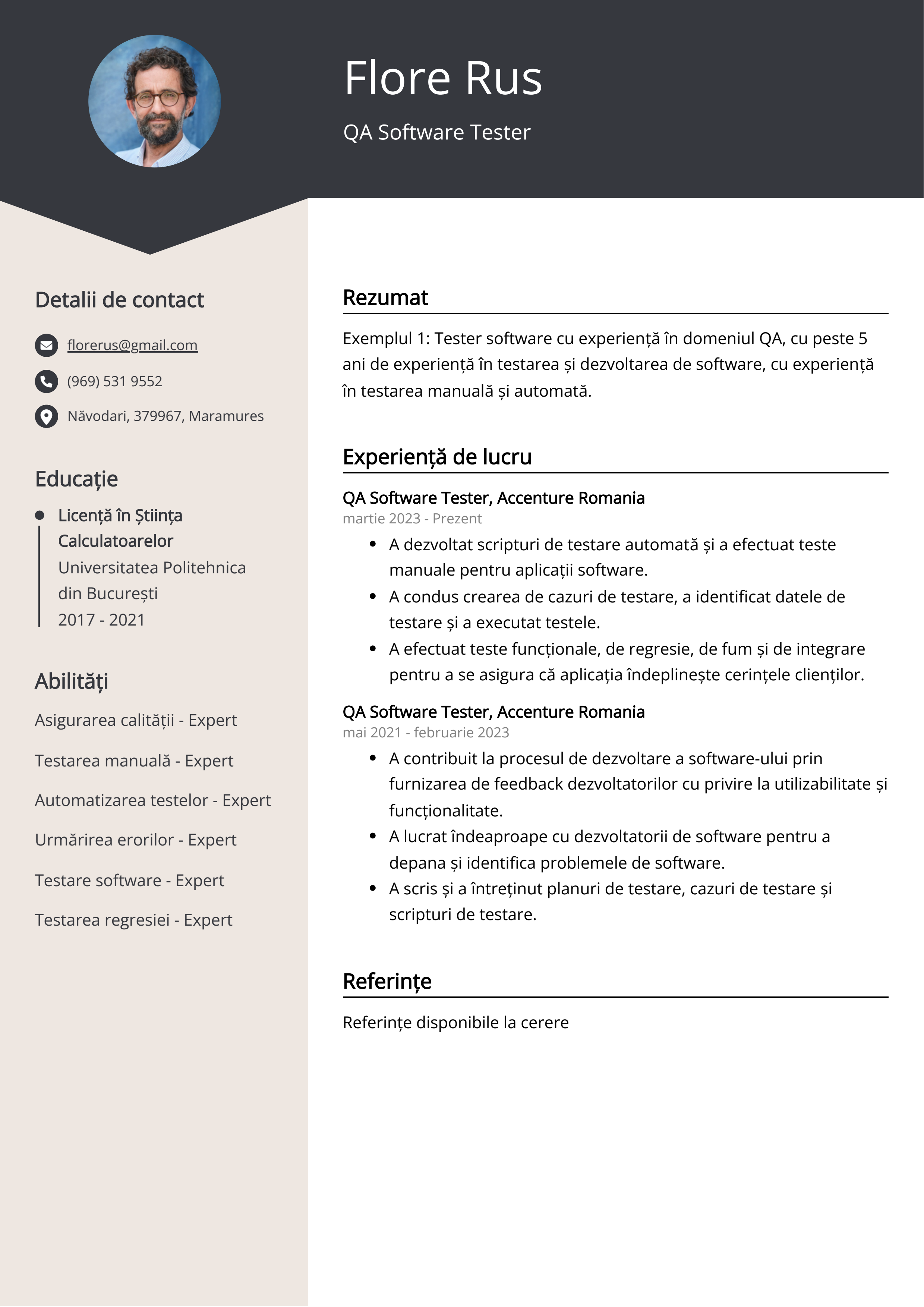 QA Software Tester Exemplu de CV