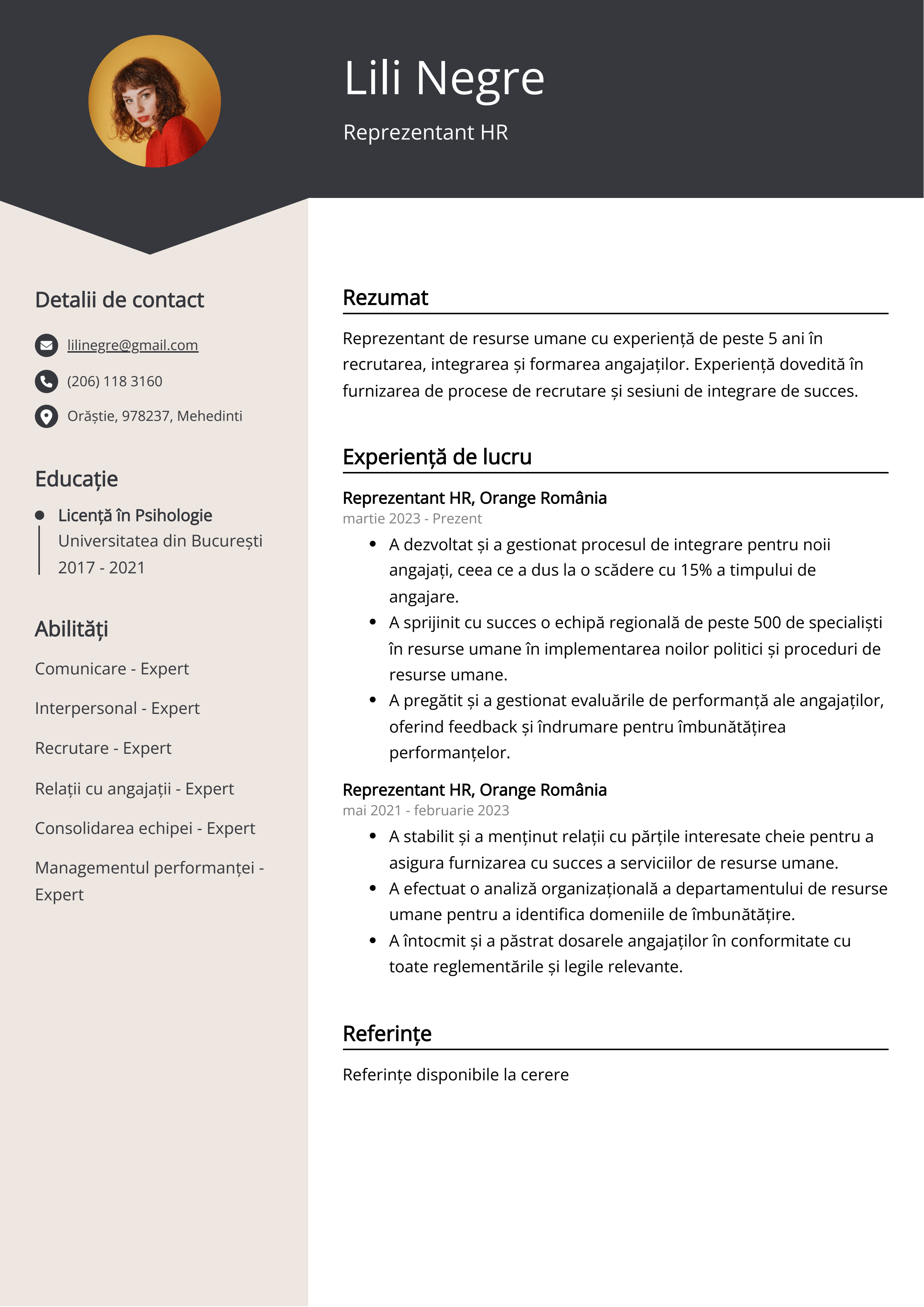 Reprezentant HR Resume Exemplu de CV