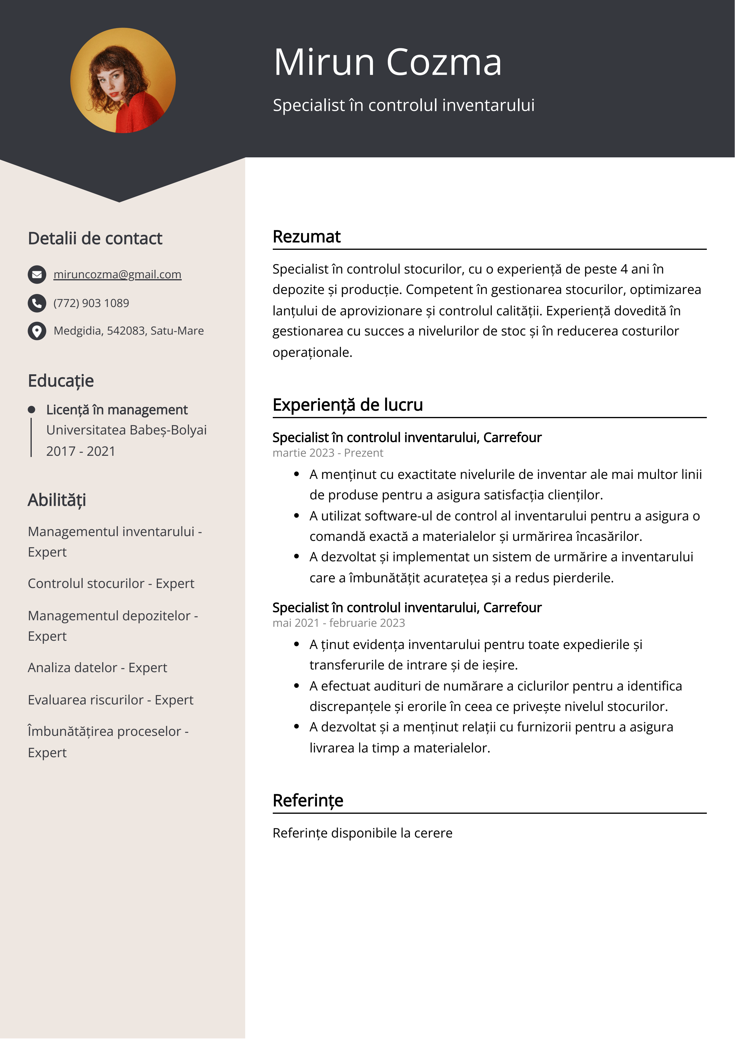 Specialist în controlul inventarului Exemplu de CV