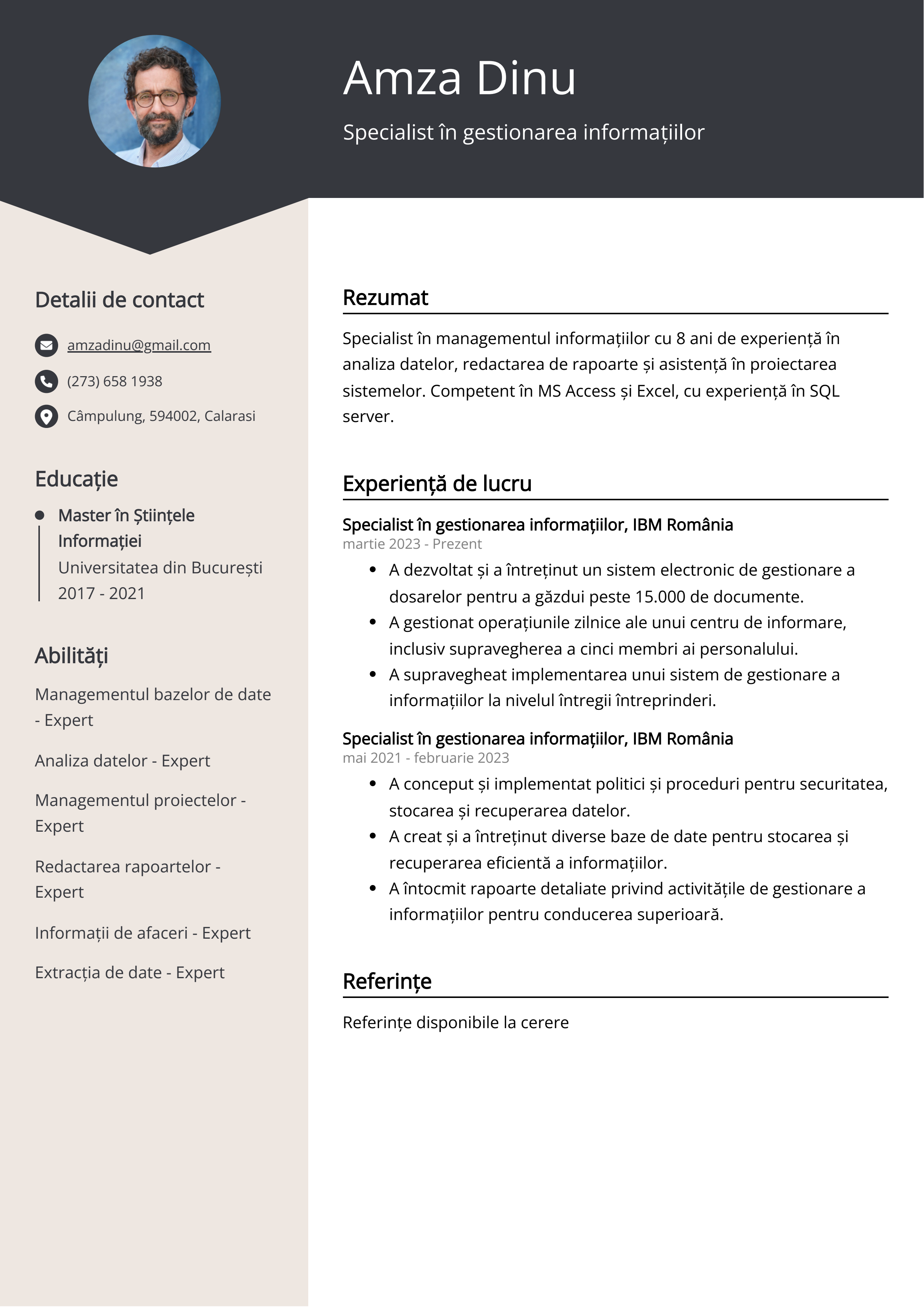 Specialist în gestionarea informațiilor Exemplu de CV