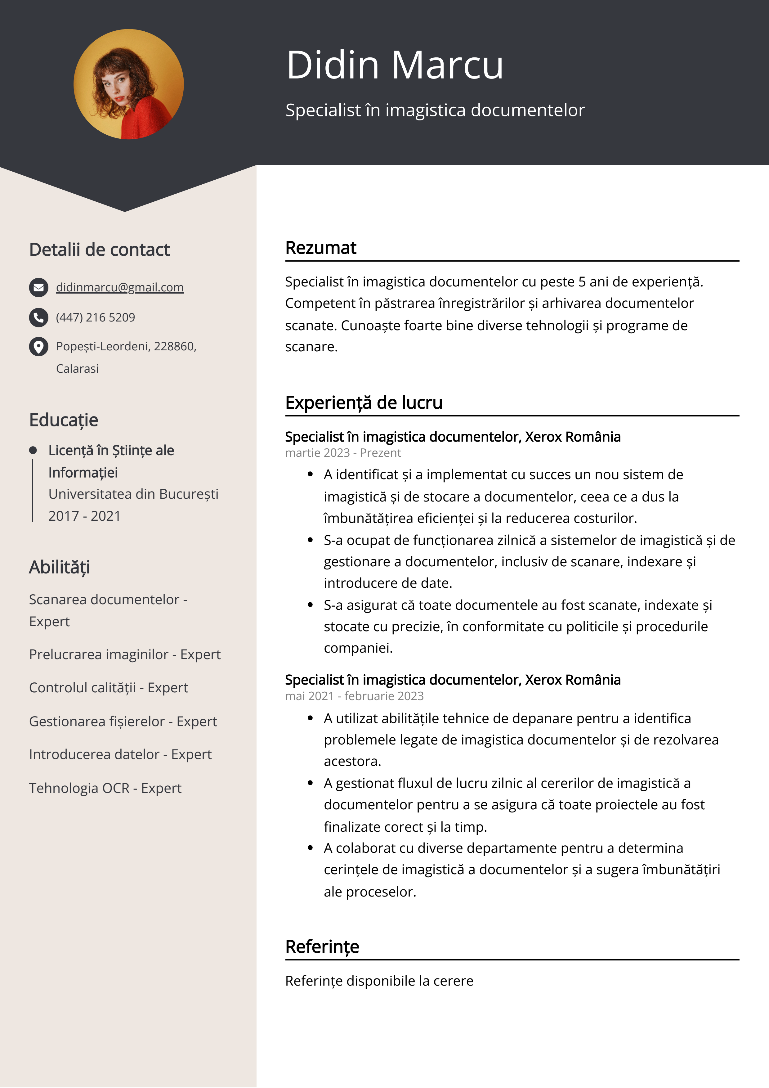 Specialist în imagistica documentelor Exemplu de CV