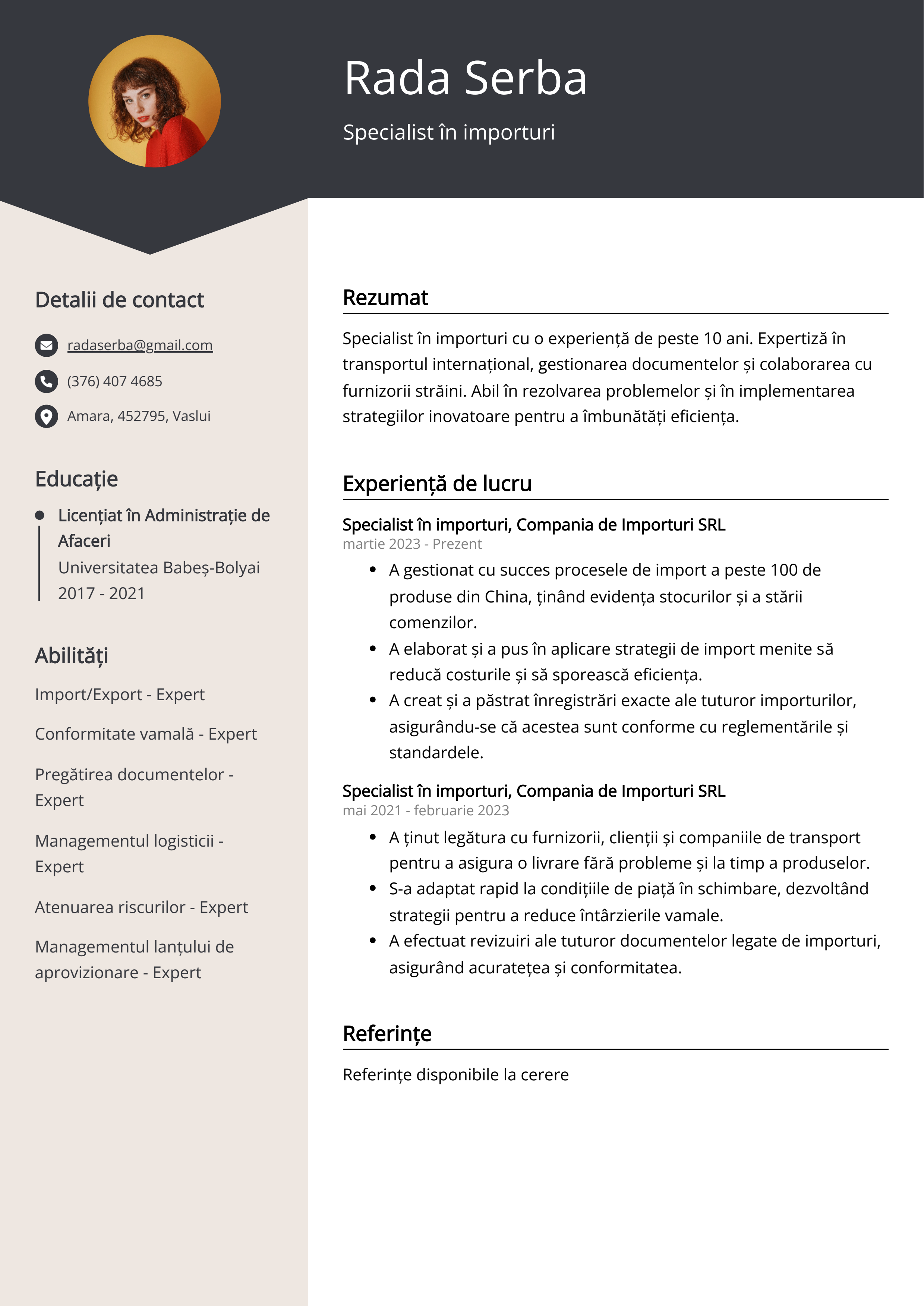 Specialist în importuri Exemplu de CV