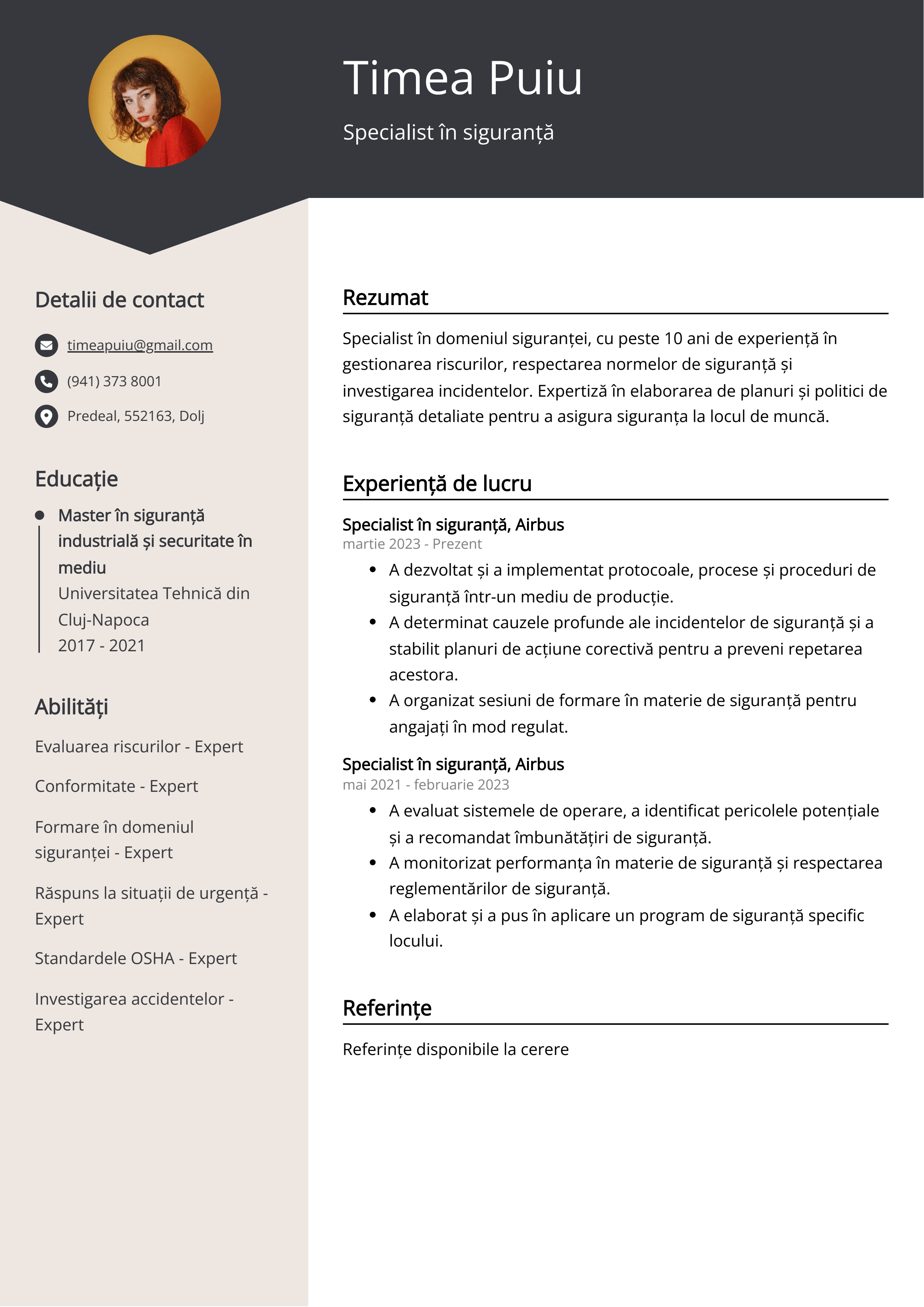 Specialist în siguranță Exemplu de CV