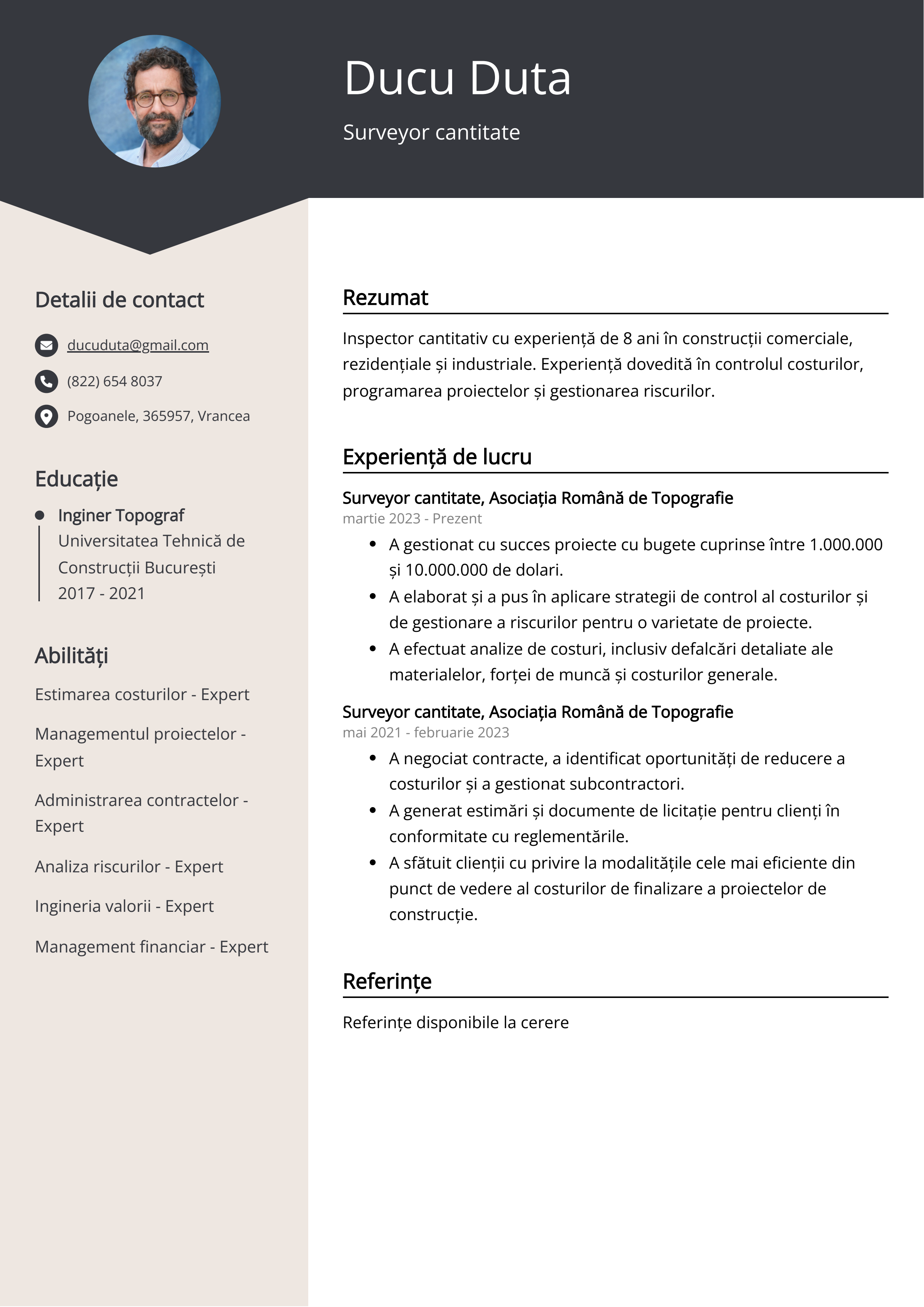 Exemplu de CV pentru inspector cantitate