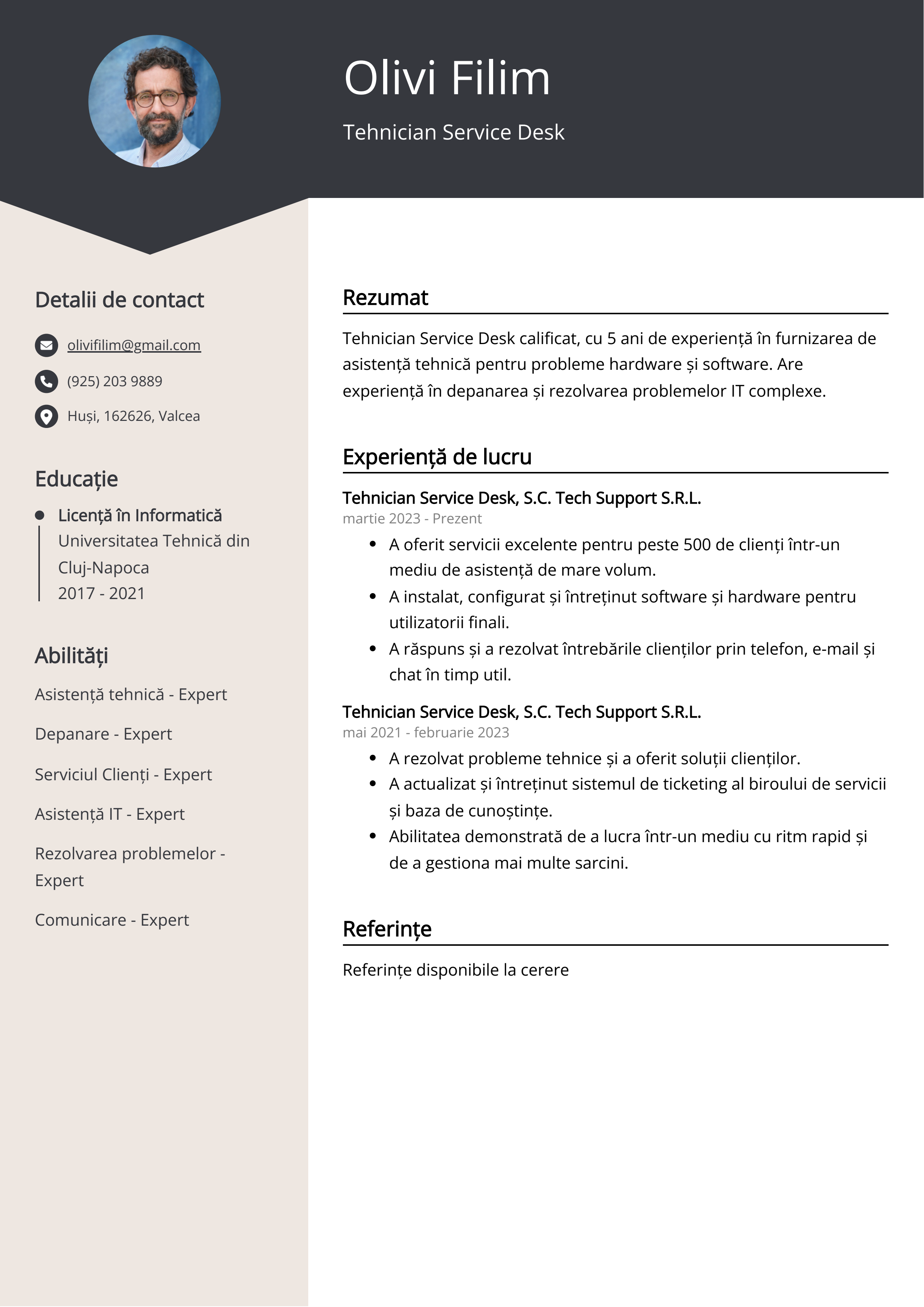 Tehnician Service Desk Exemplu de CV